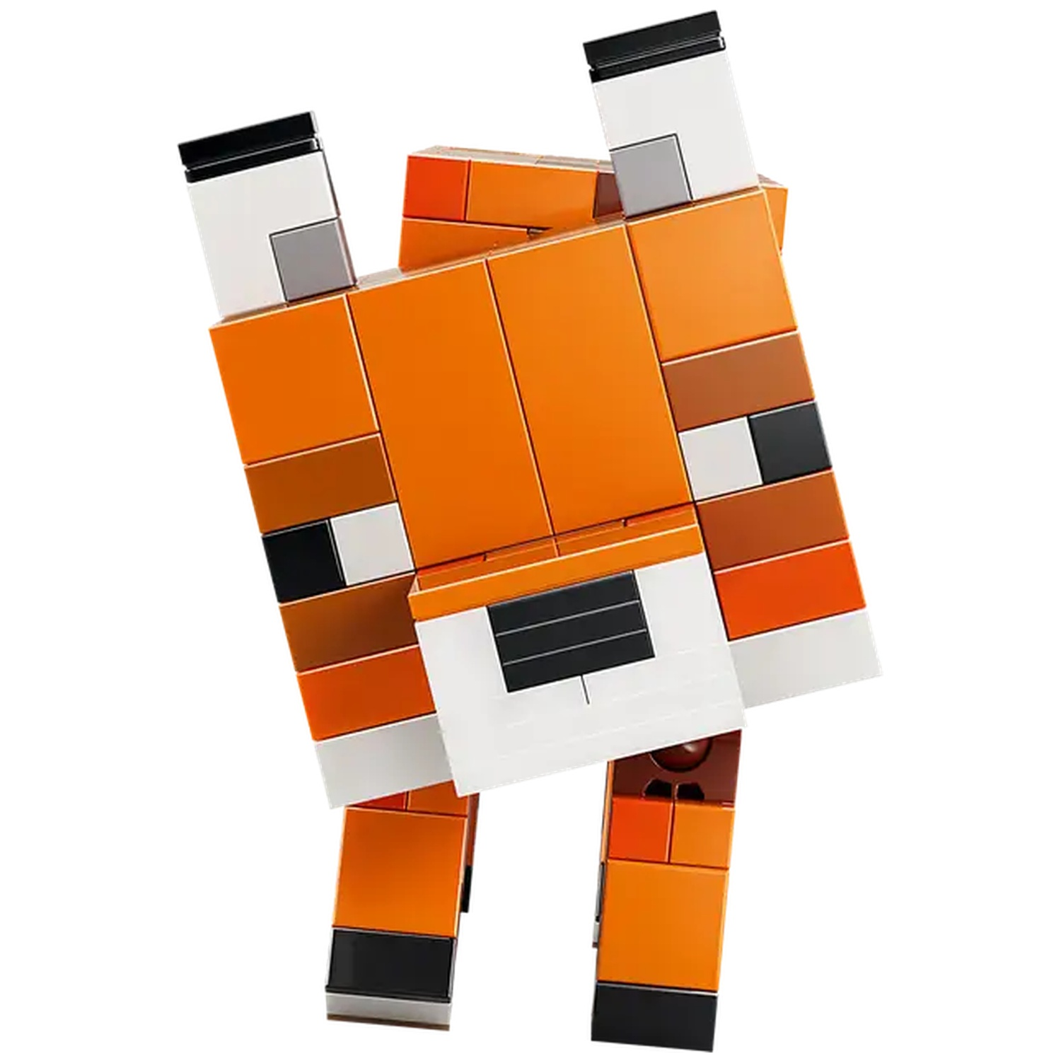 Une figurine de renard Minecraft faite de blocs orange, blancs, marron et noirs. Elle a un visage blanc, un corps orange et des accents noirs.