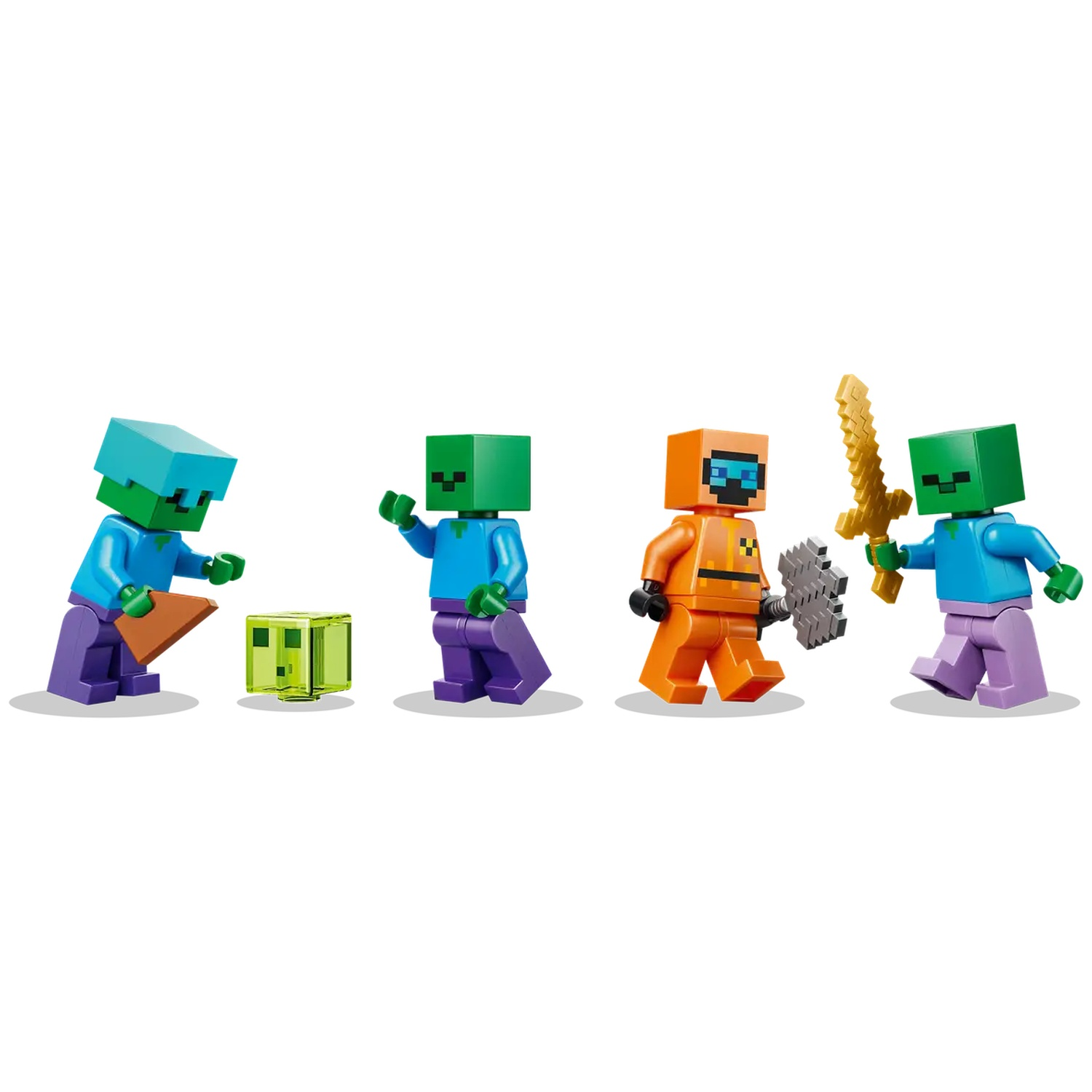 Quatre figurines Minecraft sur fond blanc. L'une tient une épée, une autre une pioche, deux autres interagissent avec un slime et un triangle.
