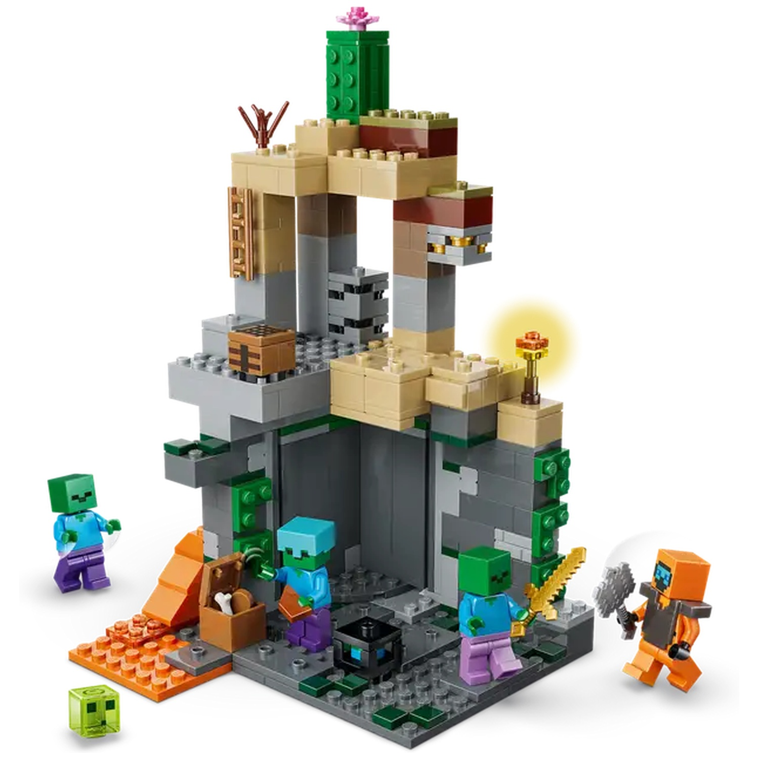 Ensemble Lego Minecraft. Inclut des figurines de zombies, une structure avec de la lave et un coffre. Un personnage orange attaque.