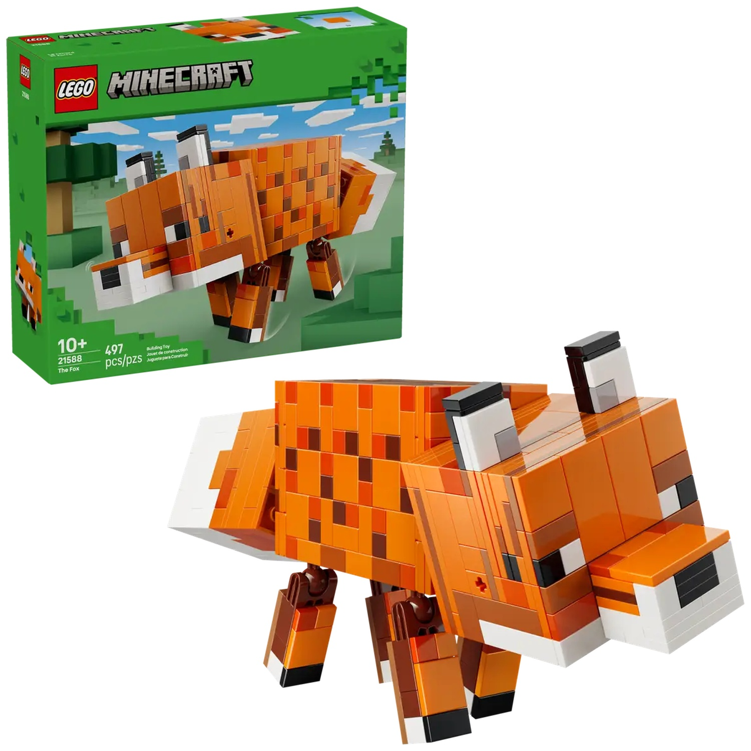 Un modèle de renard LEGO Minecraft et sa boîte. Le renard est orange, blanc et noir. La boîte est verte avec une image de renard.
