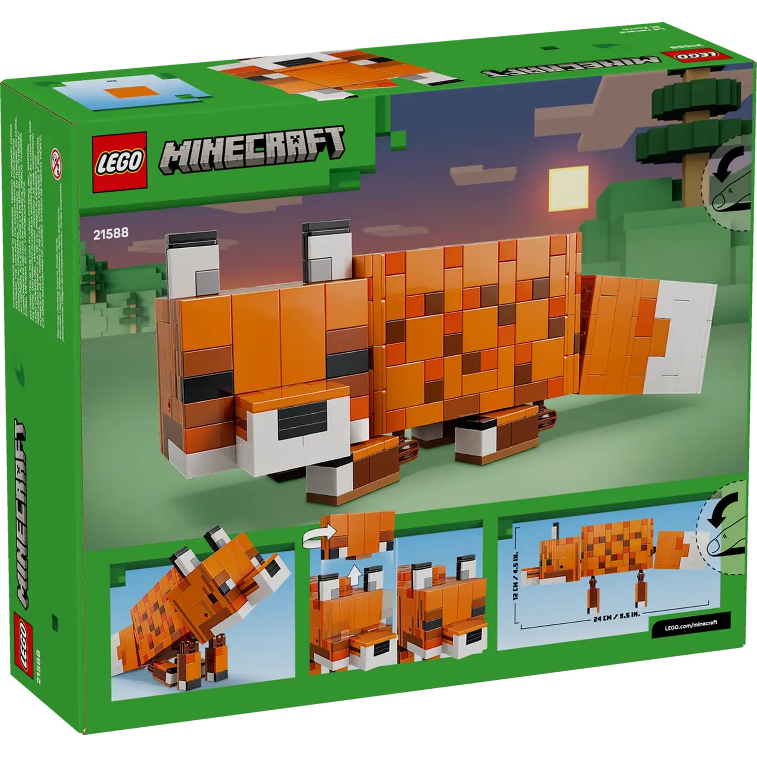 Une boîte de jeu Lego Minecraft. La boîte montre un renard fait de briques Lego, avec des couleurs orange, marron et blanc.
