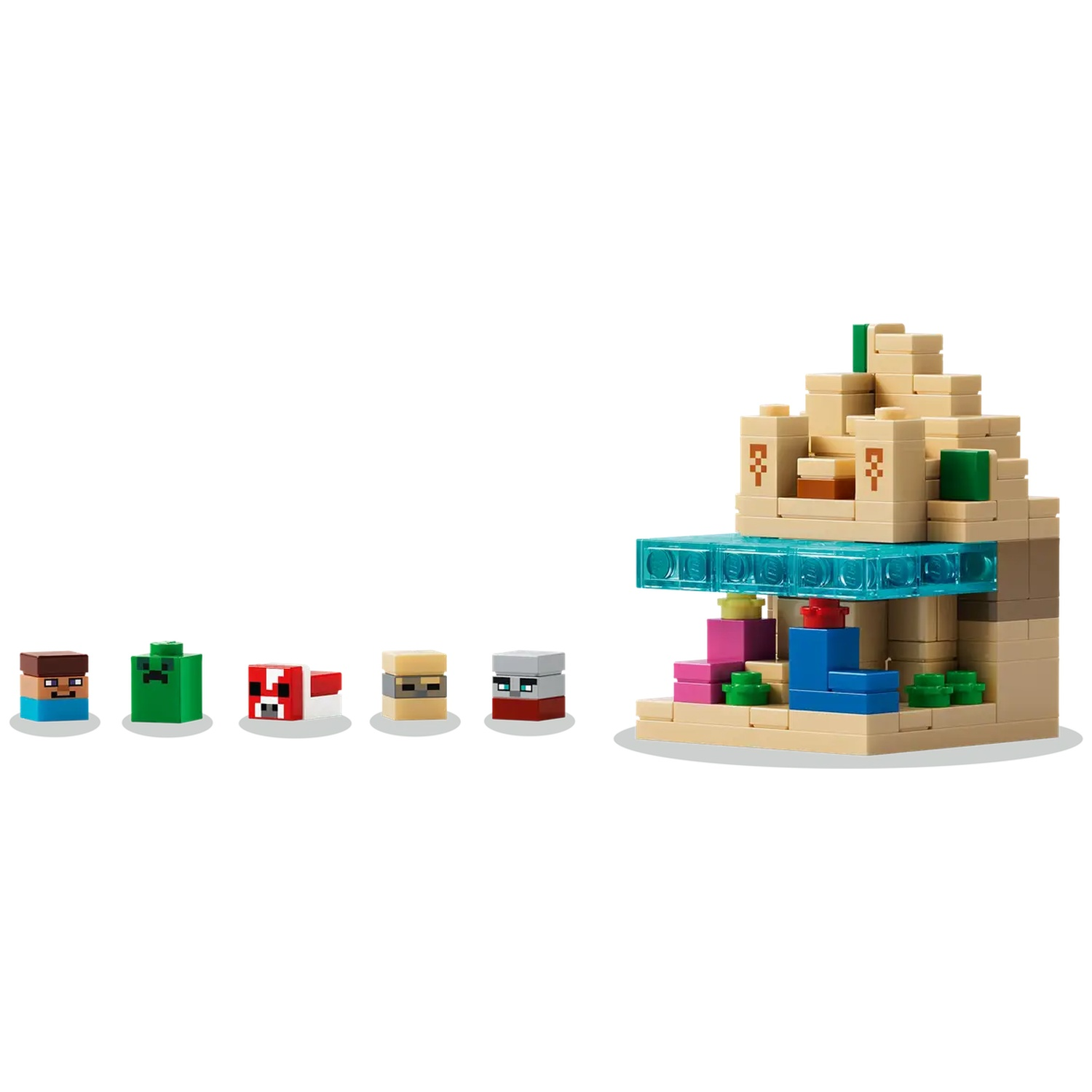 Ensemble Lego Minecraft. Comprend des figurines et une structure en blocs beiges avec des blocs transparents bleus.