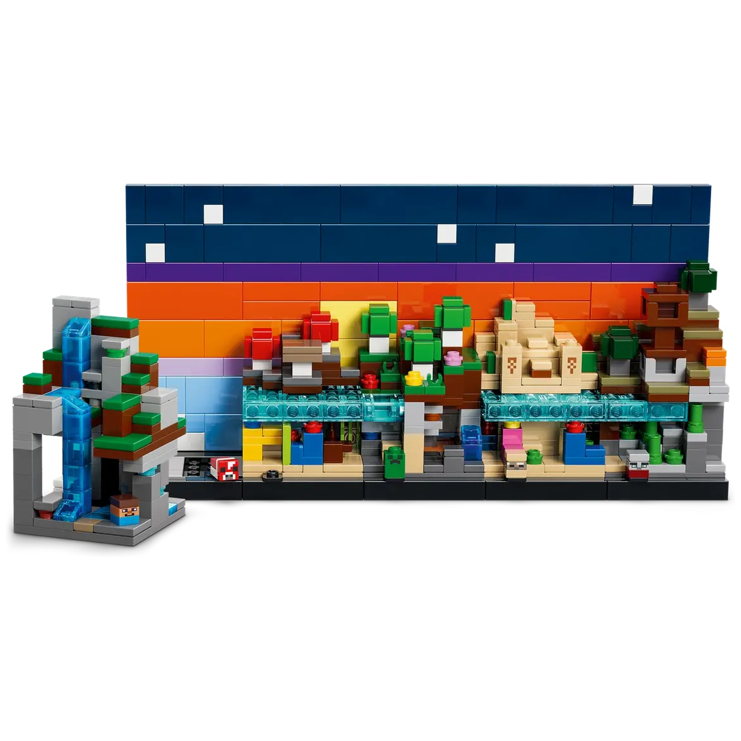 Un diorama Minecraft fait de briques Lego. Il présente une cascade, des arbres et des bâtiments contre un ciel de coucher de soleil avec quelques étoiles.