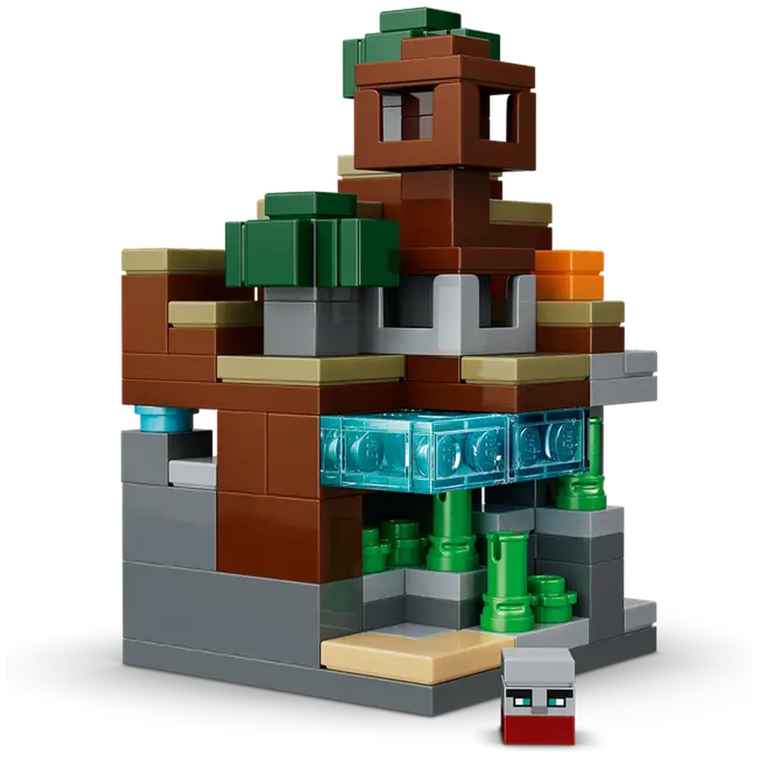 Un ensemble Lego Minecraft. Il présente une structure marron avec des accents verts et oranges, des blocs bleus transparents et une petite figurine.