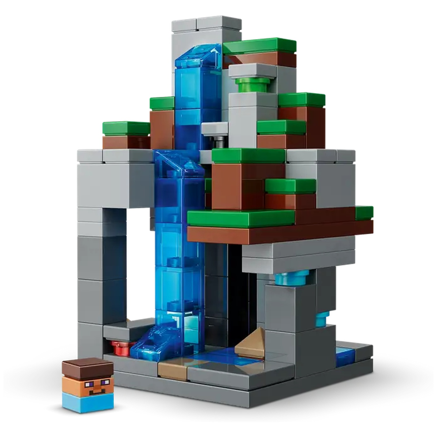 Set Lego Minecraft : structure en pierre grise avec cascade, blocs marron et verts. Un personnage devant.