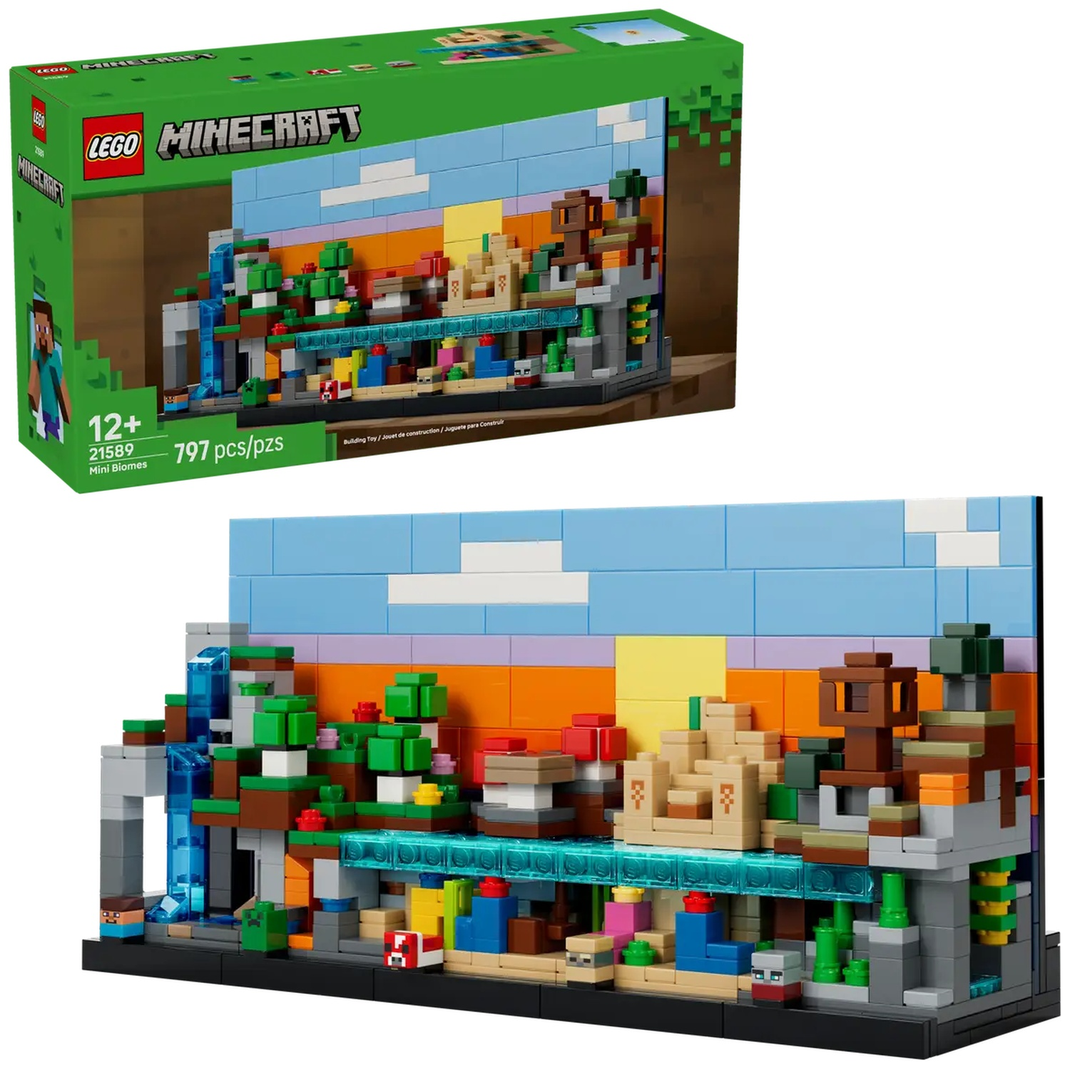 Un ensemble Lego Minecraft, avec une cascade, des arbres et diverses structures. La scène se déroule sur un fond bleu, orange et beige.