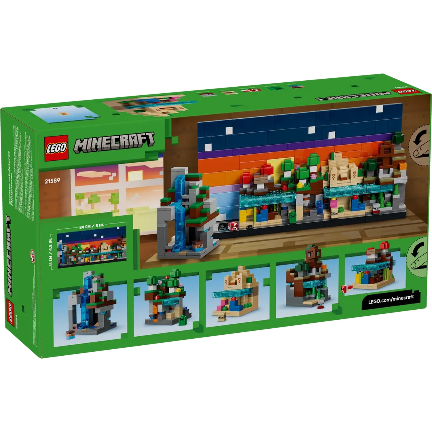Une boîte de set Lego Minecraft. La boîte montre un paysage construit avec cascade, arbres et bâtiments. Le logo Lego est visible.