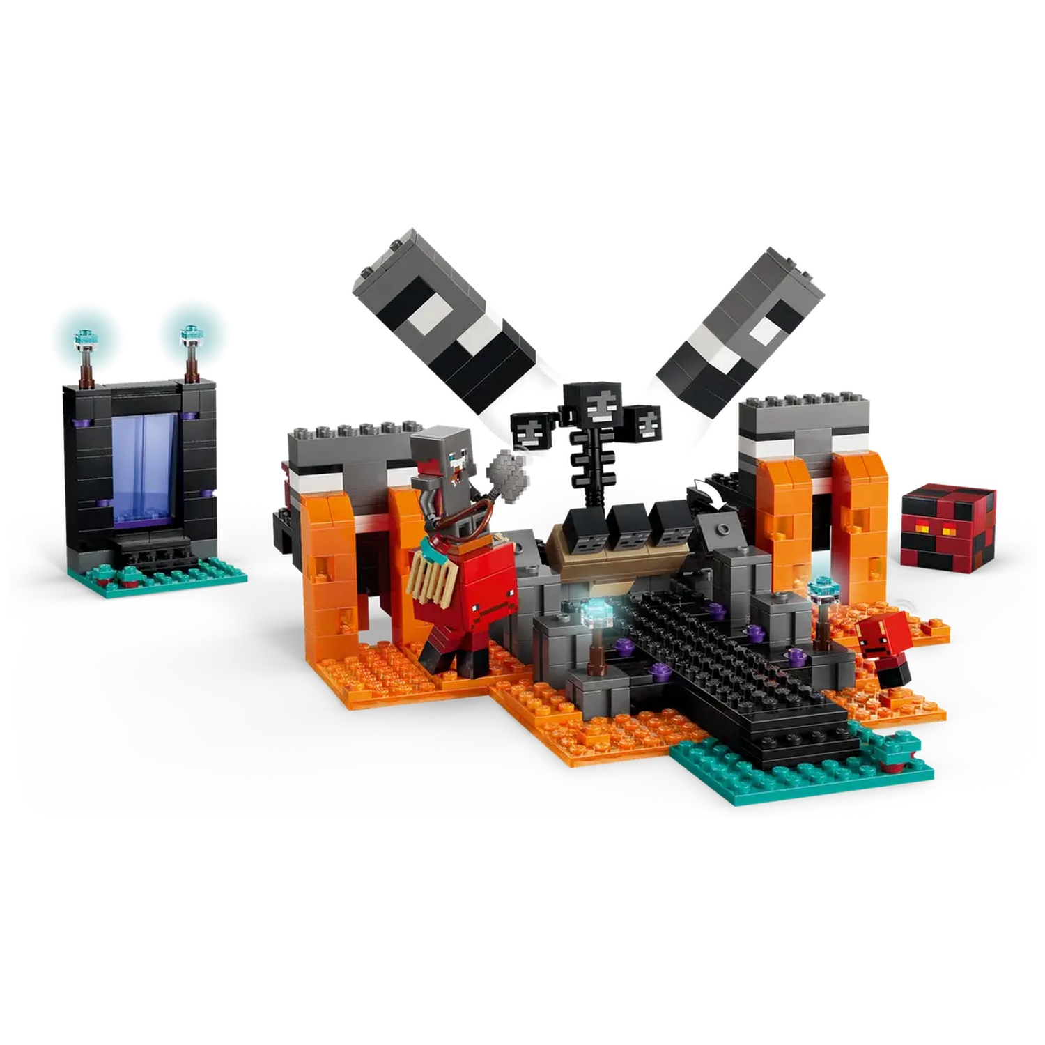 Ensemble Lego Minecraft. Comprend un portail, des figurines et des blocs. Principalement orange, noir et gris. Figurine Wither Skeleton présente.