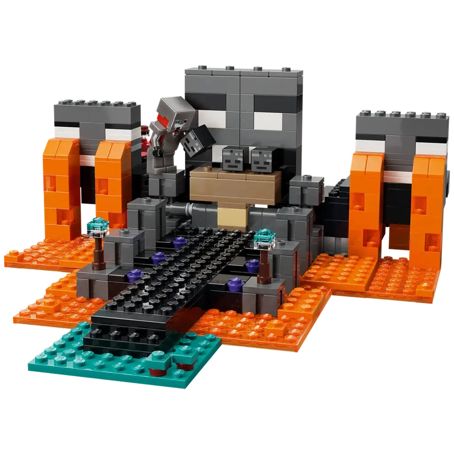 Ensemble Lego représentant une scène Minecraft. Il présente une forteresse grise avec de la lave et un pont, un personnage est présent.