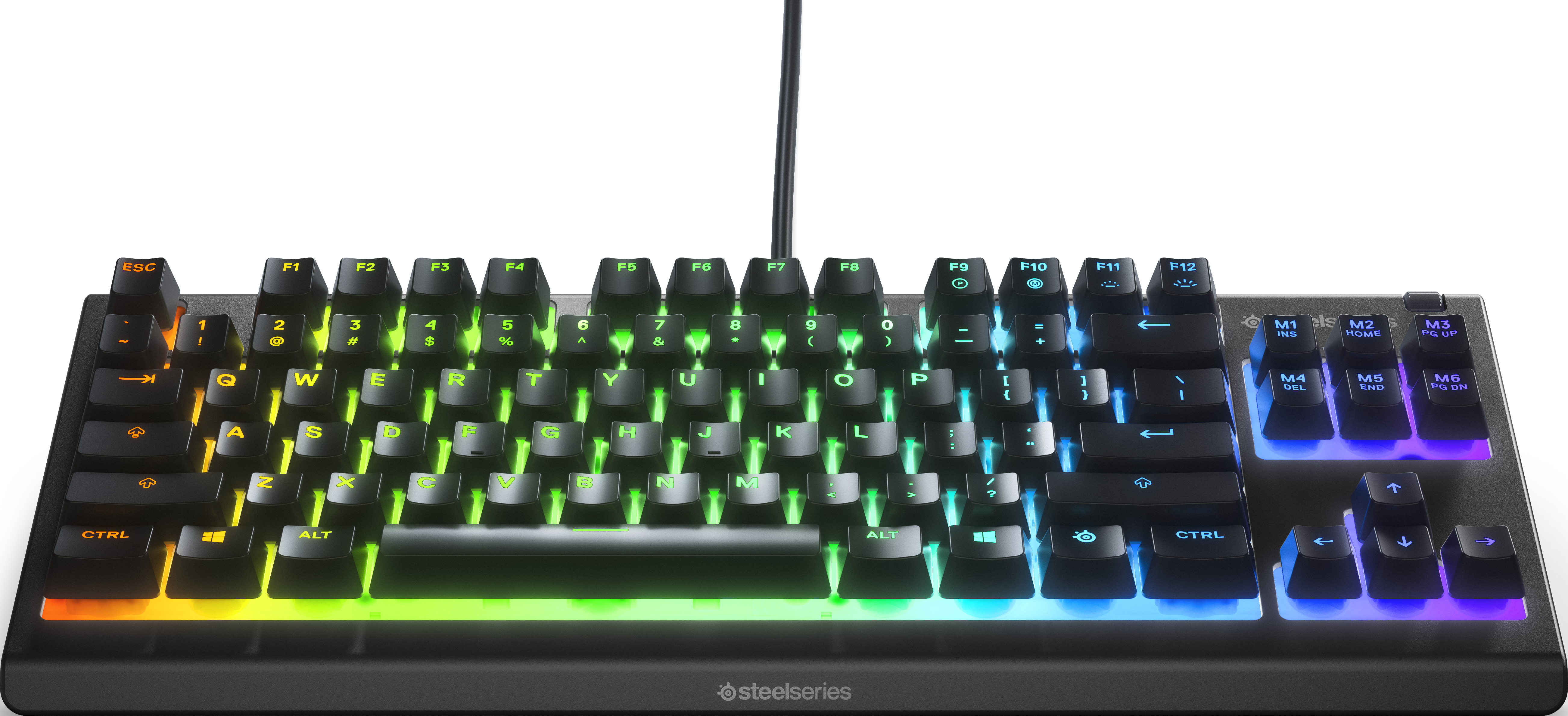 Schwarze Gaming-Tastatur mit beleuchteten Tasten. Enthält Funktionstasten, Pfeiltasten und ein SteelSeries-Logo.