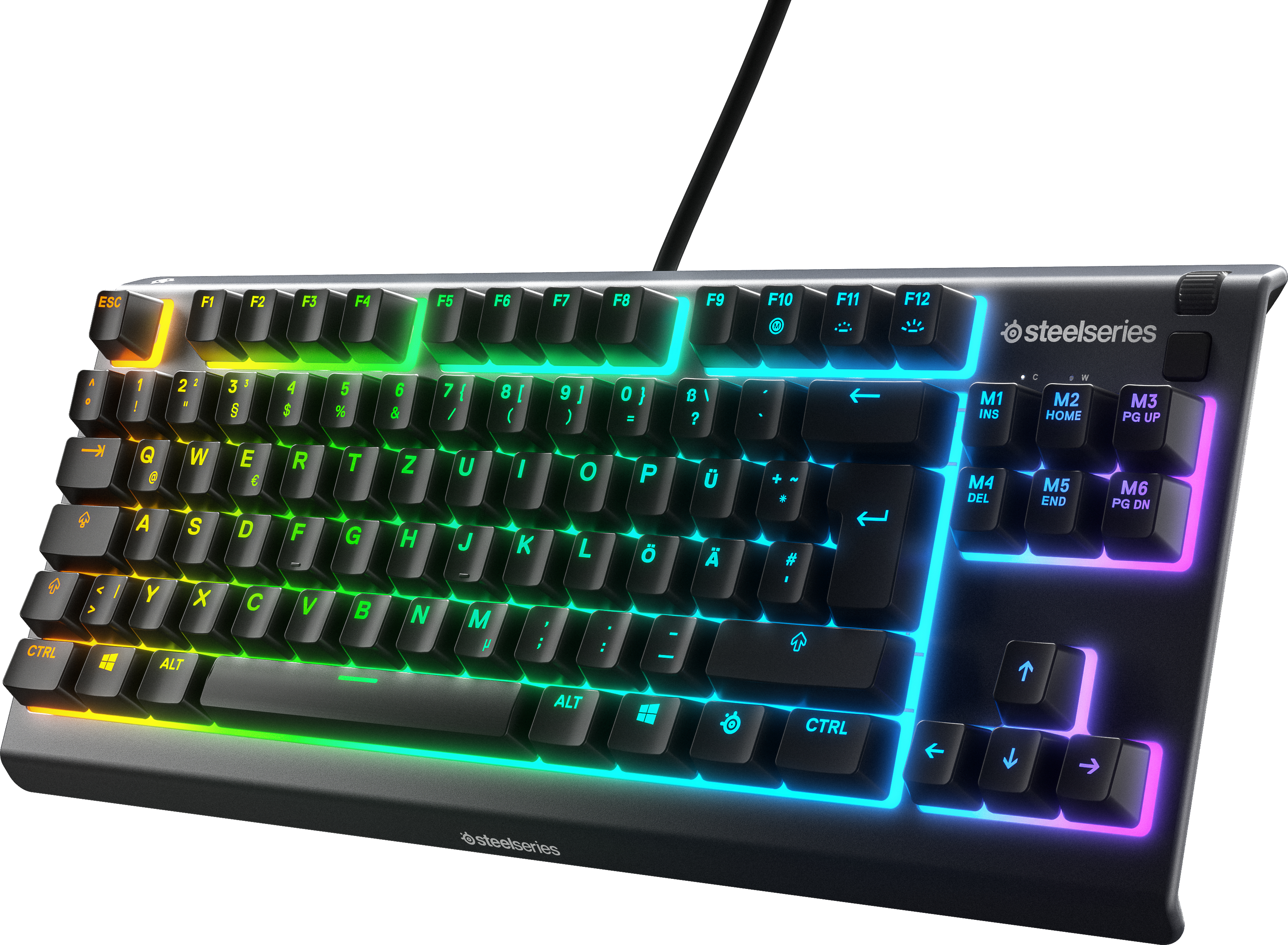 Schwarze SteelSeries-Tastatur mit beleuchteten Tasten. Regenbogenfarben an den Rändern. Schwarzes Kabel.