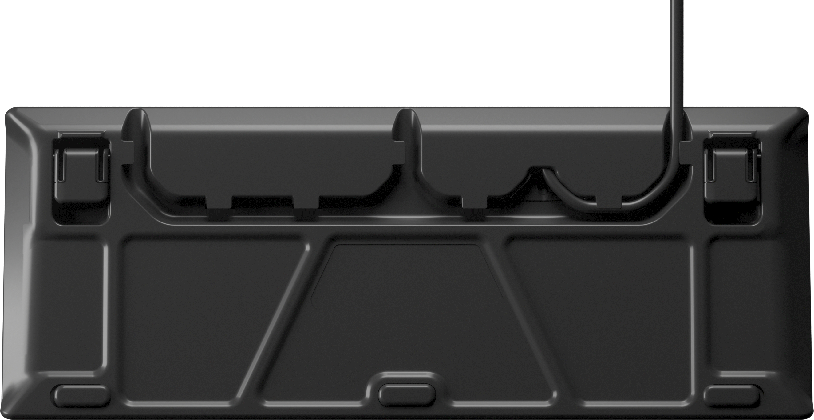 Das Bild zeigt die Unterseite einer schwarzen mechanischen Tastatur. Es hat geformten Kunststoff mit verschiedenen Formen und einem Kabel, das nach oben verläuft.