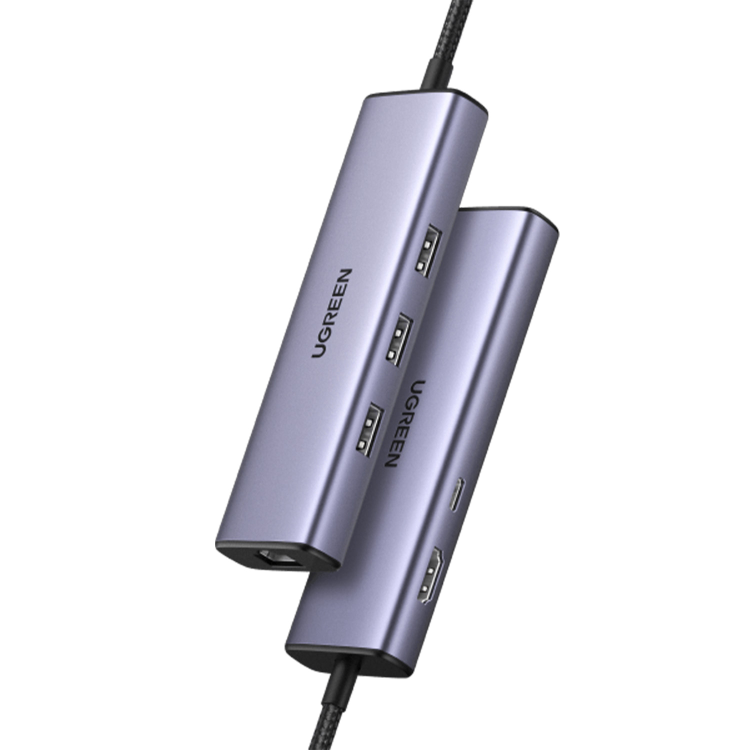 İki UGREEN USB-C hub'ı, açık mor, bağlantı noktaları ve siyah kablolarla, beyaz arka plan üzerinde.