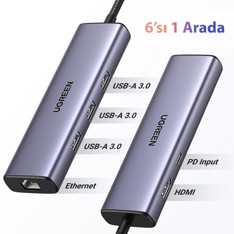 Çoklu portlu iki UGREEN USB hub'ı. USB-A 3.0, Ethernet, PD Girişi ve HDMI içerir. Metin 6'sı 1 Arada yazıyor.