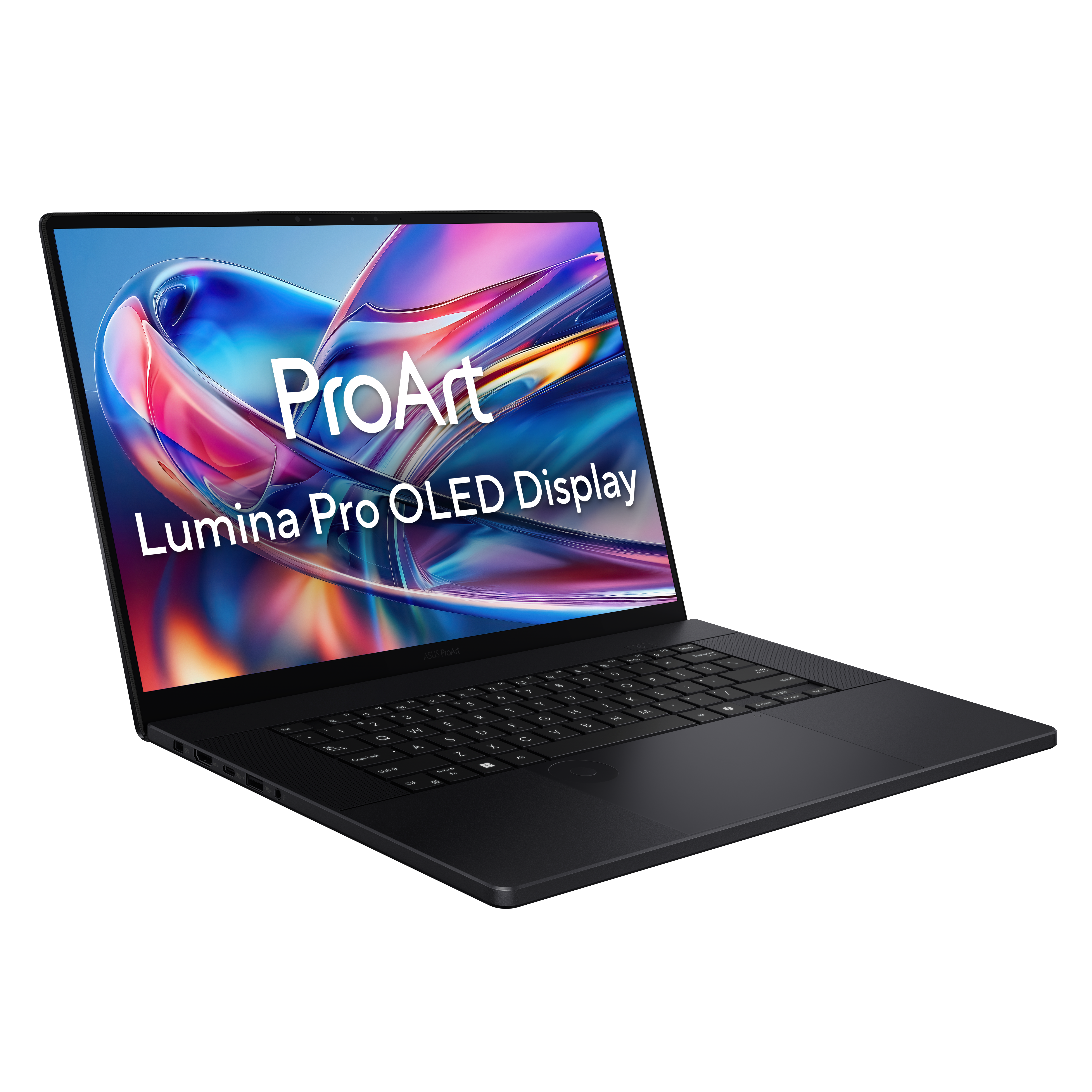 Schwarzer Laptop mit dem Bildschirm, der 'ProArt Lumina Pro OLED Display' anzeigt. Der Laptop ist leicht angewinkelt, die Tastatur ist sichtbar.