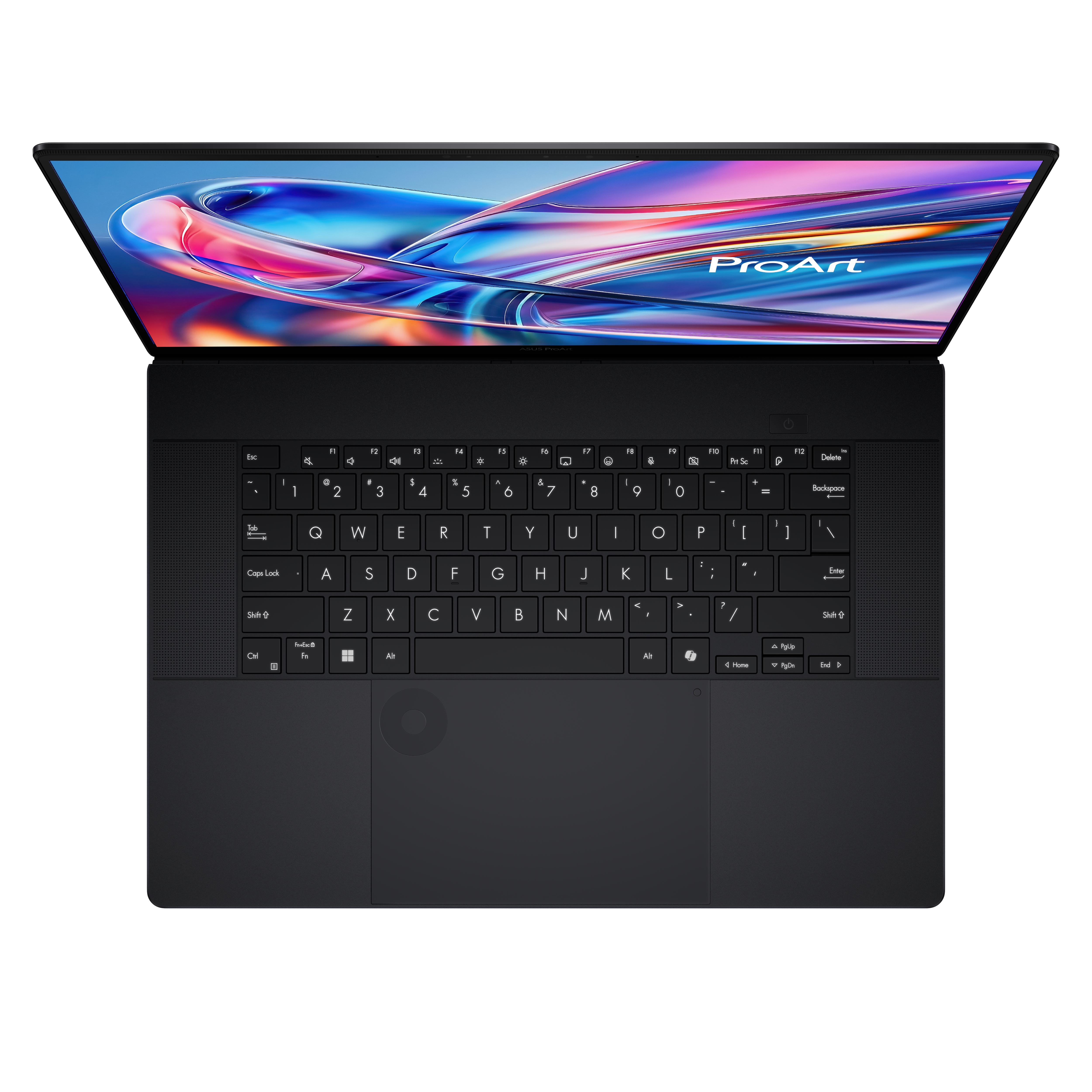 Schwarzer Laptop mit geöffnetem Bildschirm mit bunter abstrakter Kunst. Tastatur sichtbar. Weißer Hintergrund.