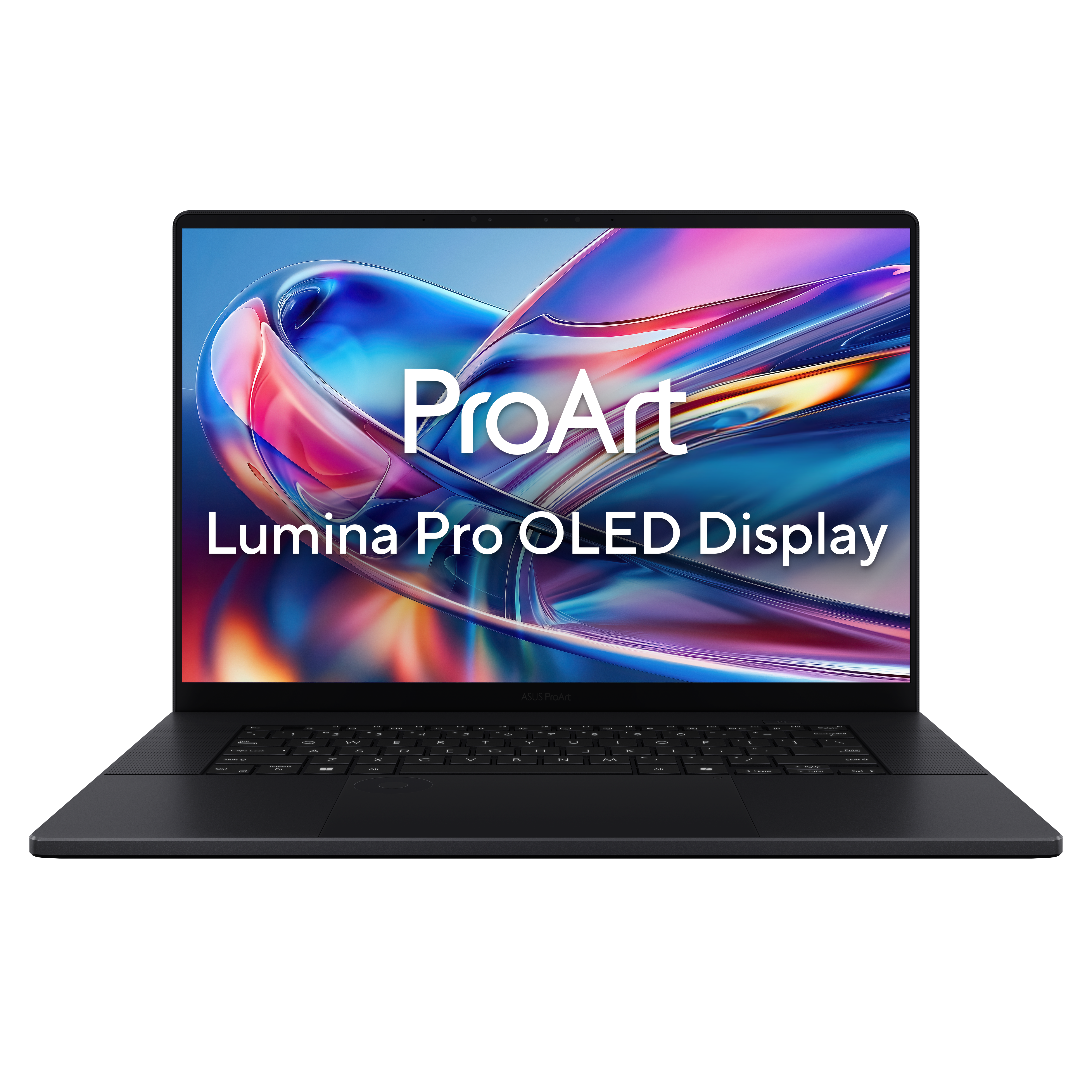 Ein schwarzer Laptop mit der Anzeige 'ProArt Lumina Pro OLED Display'. Der Hintergrund des Bildschirms hat blaue und violette Wirbel.