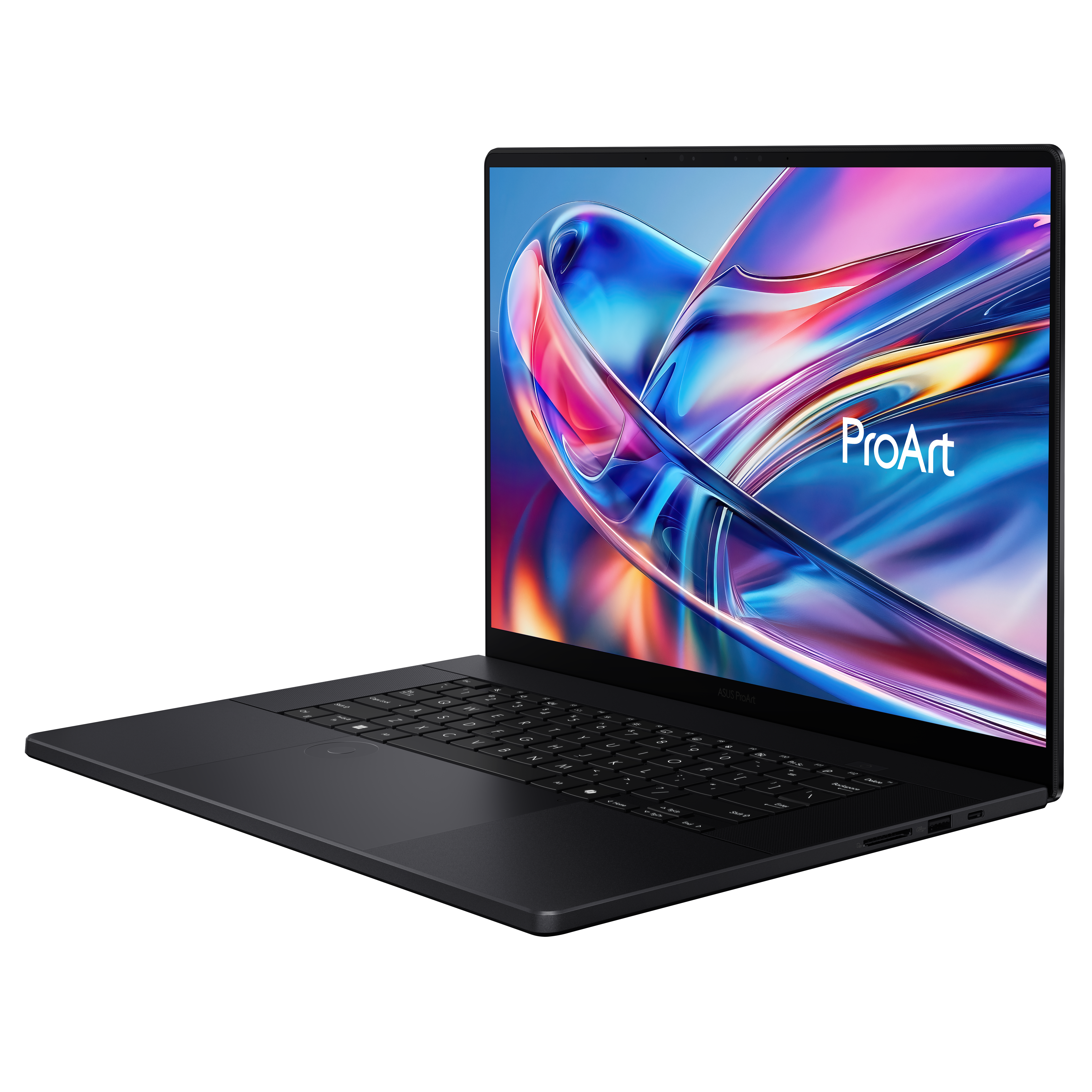Ein schwarzer Laptop mit farbenfrohem Bildschirm, der ein ProArt-Logo zeigt. Der Laptop ist angewinkelt, der Hintergrund ist weiß.