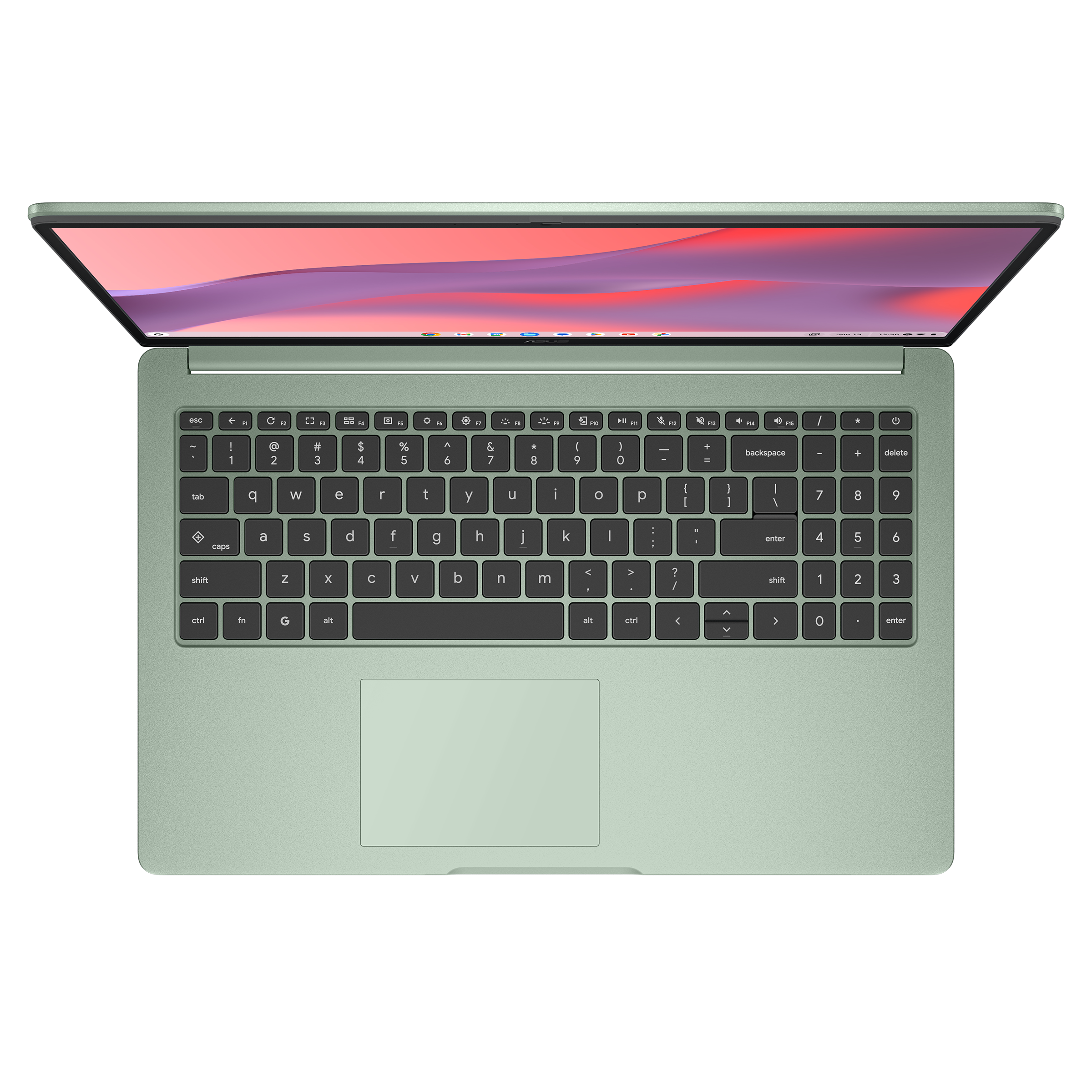 Draufsicht auf einen geöffneten, mintfarbenen Laptop. Tastatur sichtbar, Bildschirm zeigt Farbverlauf.