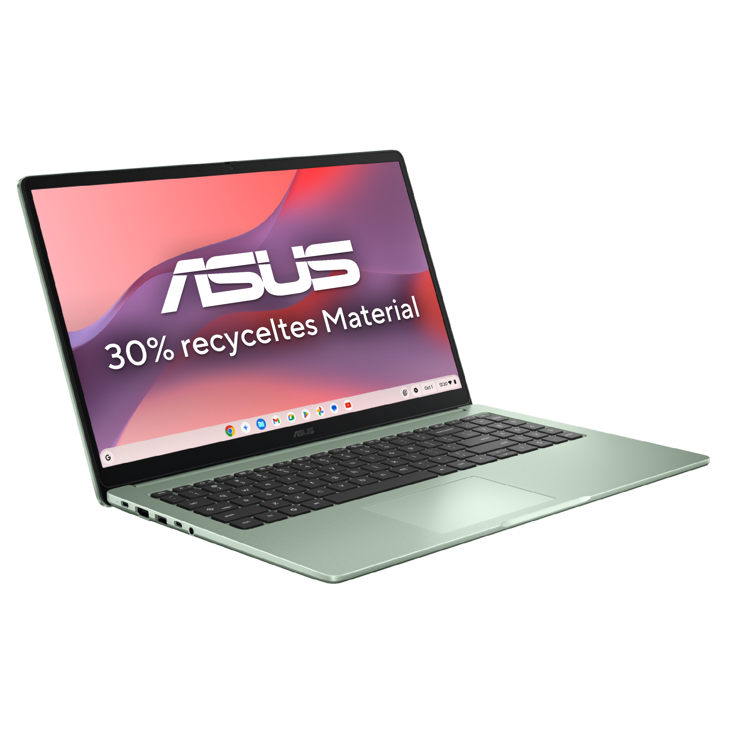 Ein hellgrüner Laptop ist geöffnet und zeigt das ASUS-Logo und Text. Der Hintergrund ist schwarz.