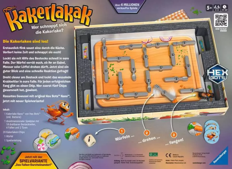 Brettspielbox mit einer Küchenszene. Es zeigt Besteck, eine Kakerlake und Anweisungen. Das Spiel heißt Kakerlakak.
