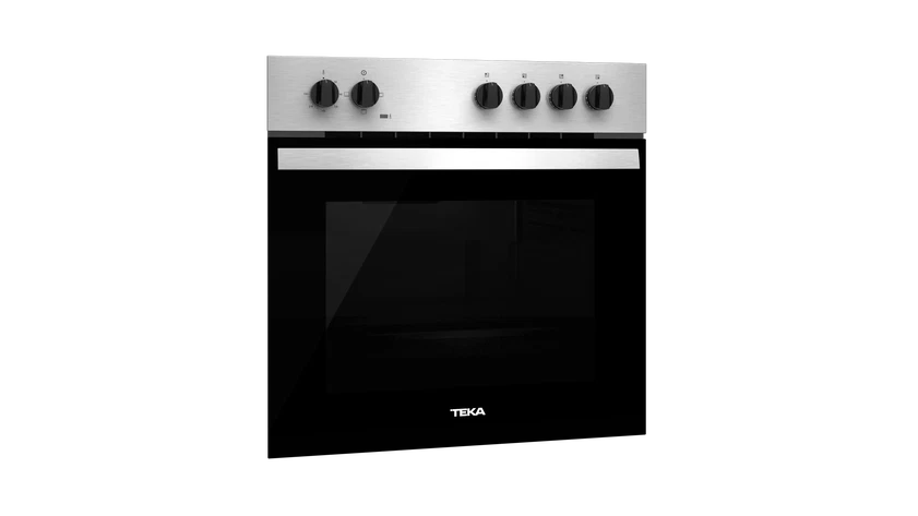 Un horno de acero inoxidable con puerta de vidrio negro. Tiene mandos arriba.
