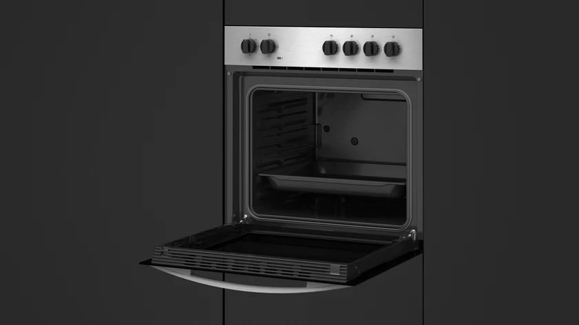 Un horno abierto con frontal de acero inoxidable. Se ven perillas. La puerta del horno está abierta, revelando el interior.