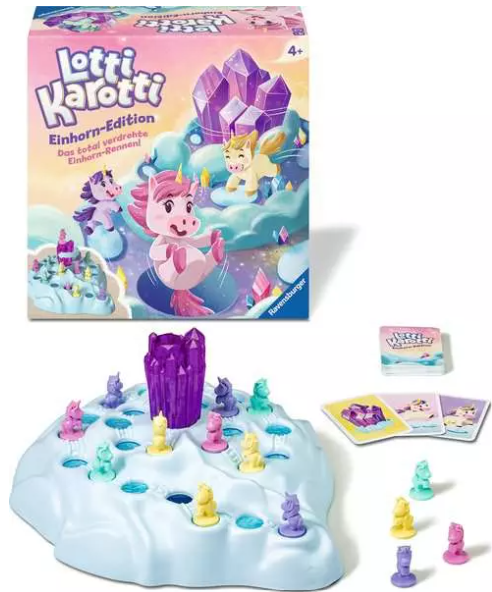 Ein Lotti Karotti Brettspiel, Einhorn-Edition. Die Box zeigt Einhörner. Das Spiel enthält ein Brett, Einhornfiguren, Karten und einen lila Kristall.