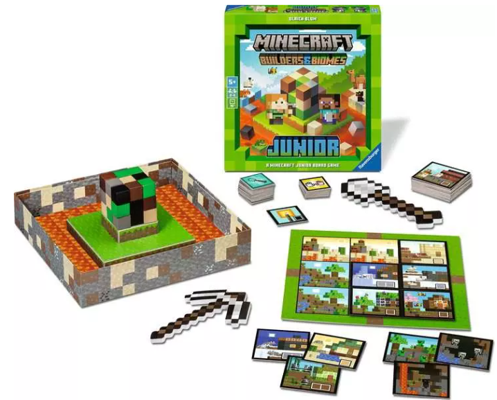 Minecraft Builders & Biomes Junior-Brettspielset. Enthält Spielbox, Karten, Spielbrett und verschiedene Spielteile mit pixeliger Ästhetik.