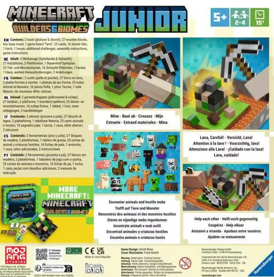 Minecraft Junior Box. Enthält Spielteile, Werkzeuge und Charaktere. Text in mehreren Sprachen und das Spiel-Logo.