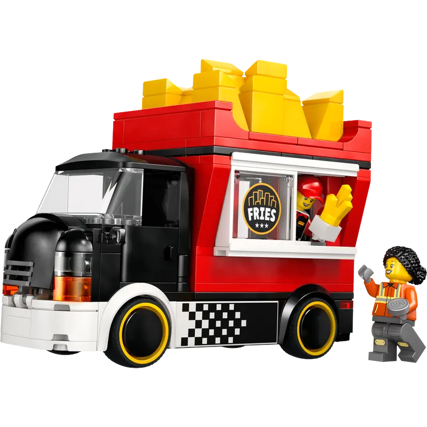 Lego frietjes truck speelgoed. Rode en zwarte truck, gele frietjes bovenop, met twee Lego figuren. Eén figuur zwaait naar de ander.