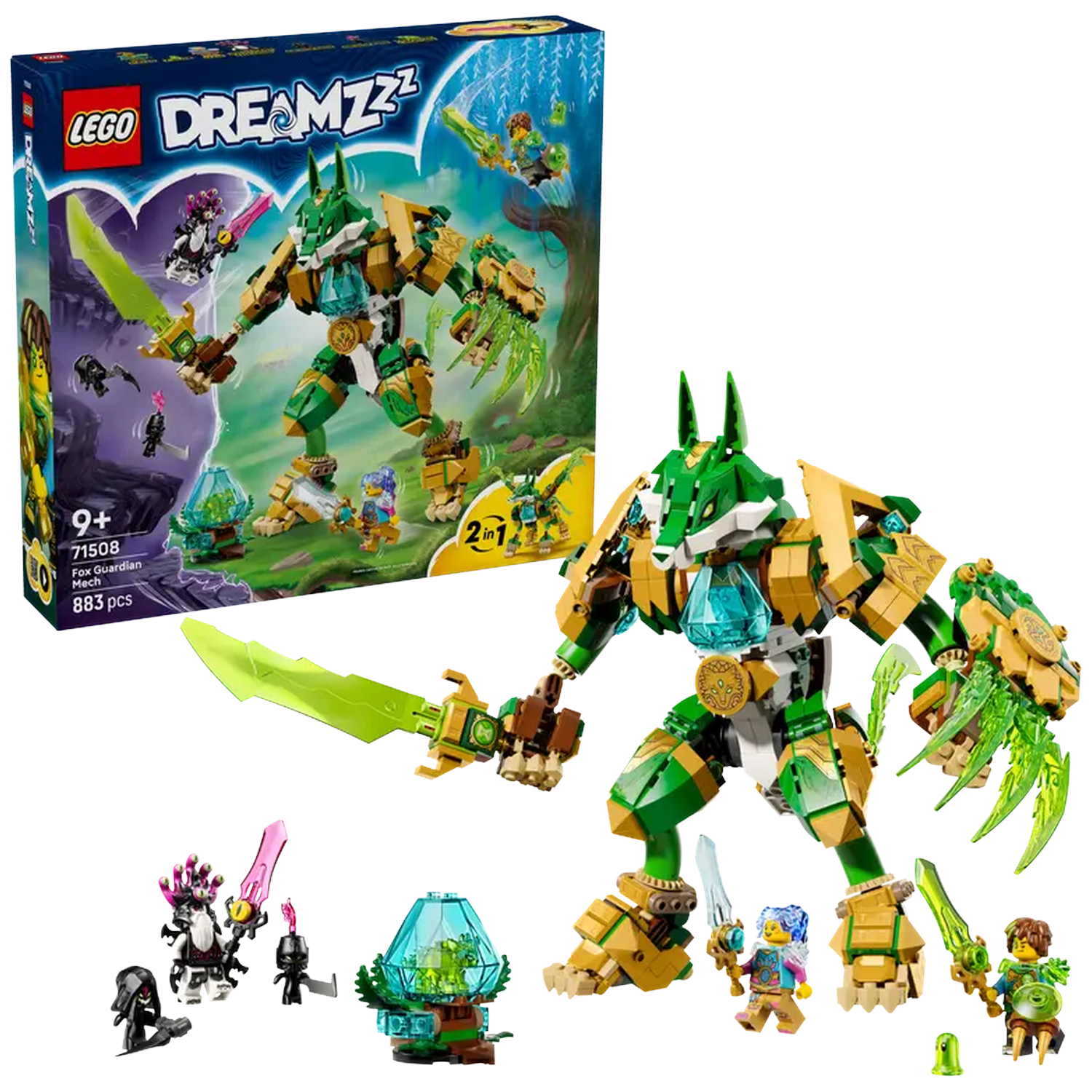 Lego Dreamzzz set with a fox-like mech, minifigures, and accessories. Box shows the mech fighting in a fantasy setting.