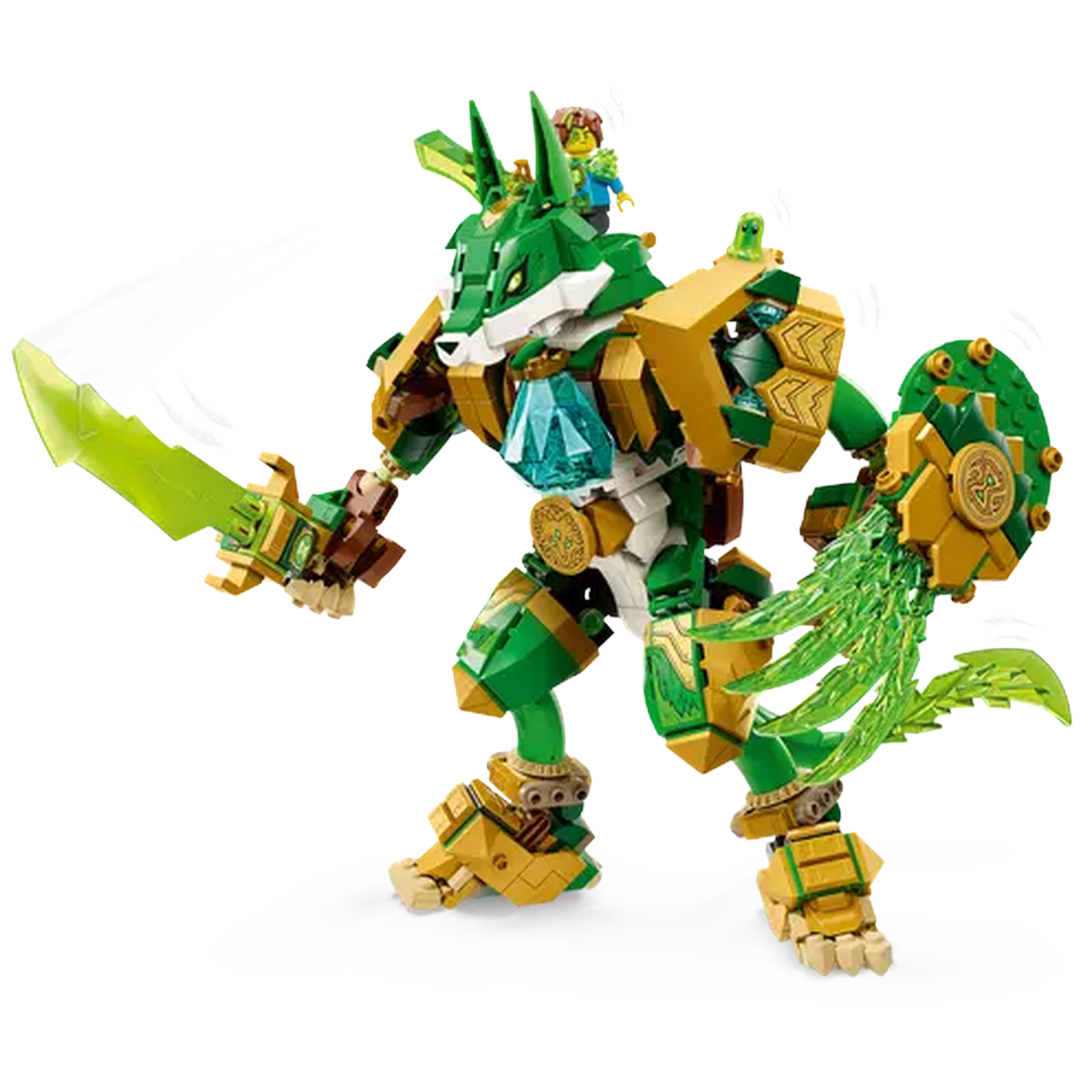 A Lego robot with green and gold armor, wielding a green sword and shield. Two minifigures ride on its back.