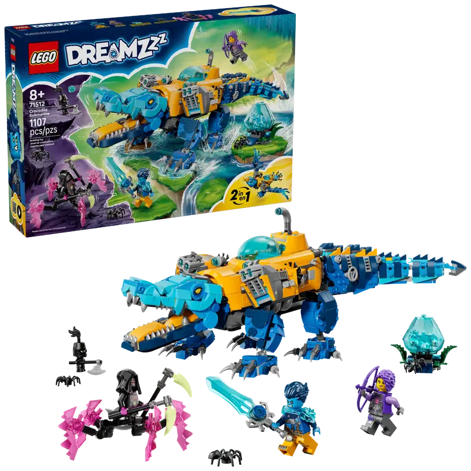 LEGO Dreamzzz set. A crocodile submarine, mini-figures, and accessories are displayed. The box shows the set in action.