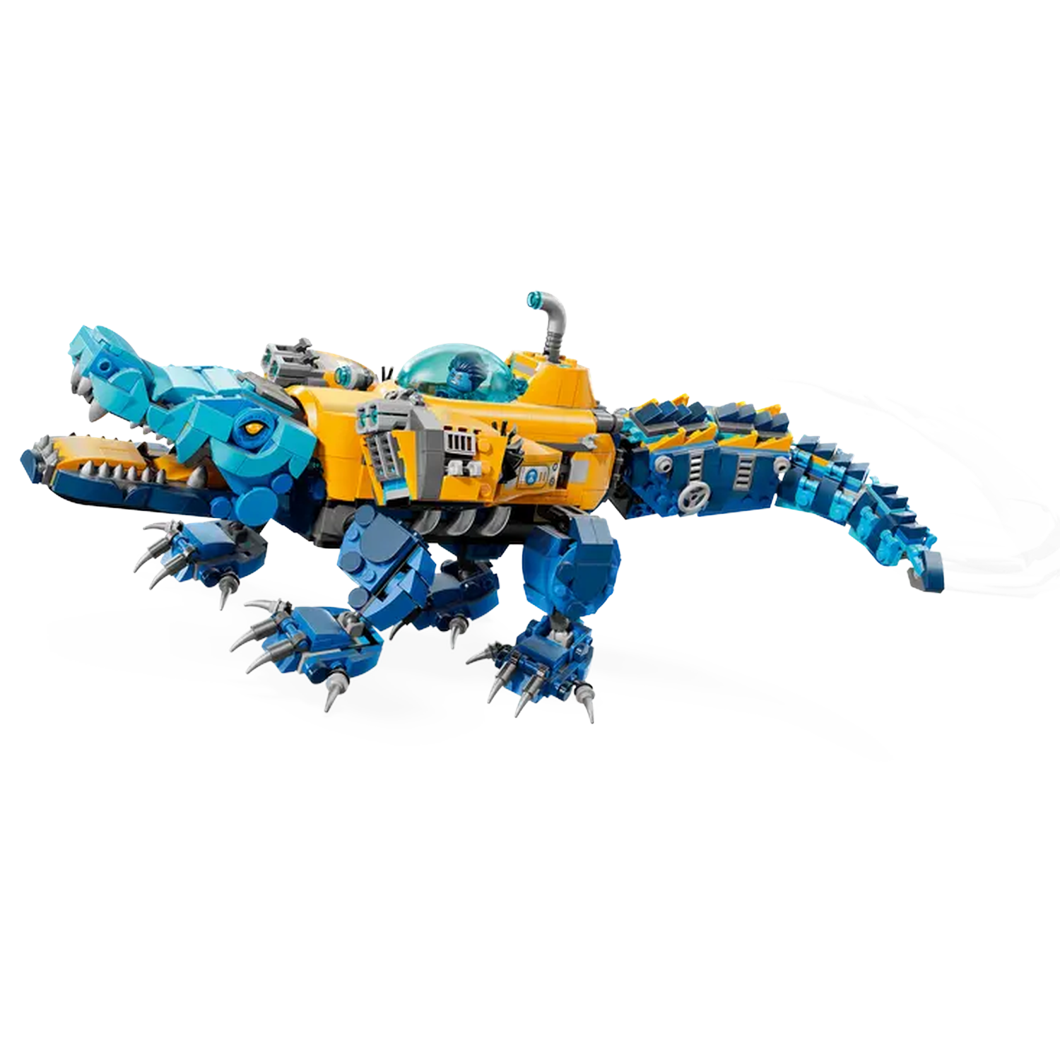 A Lego crocodile submarine toy with blue and yellow colors. It has a cockpit and mechanical details, set against a white backdrop.