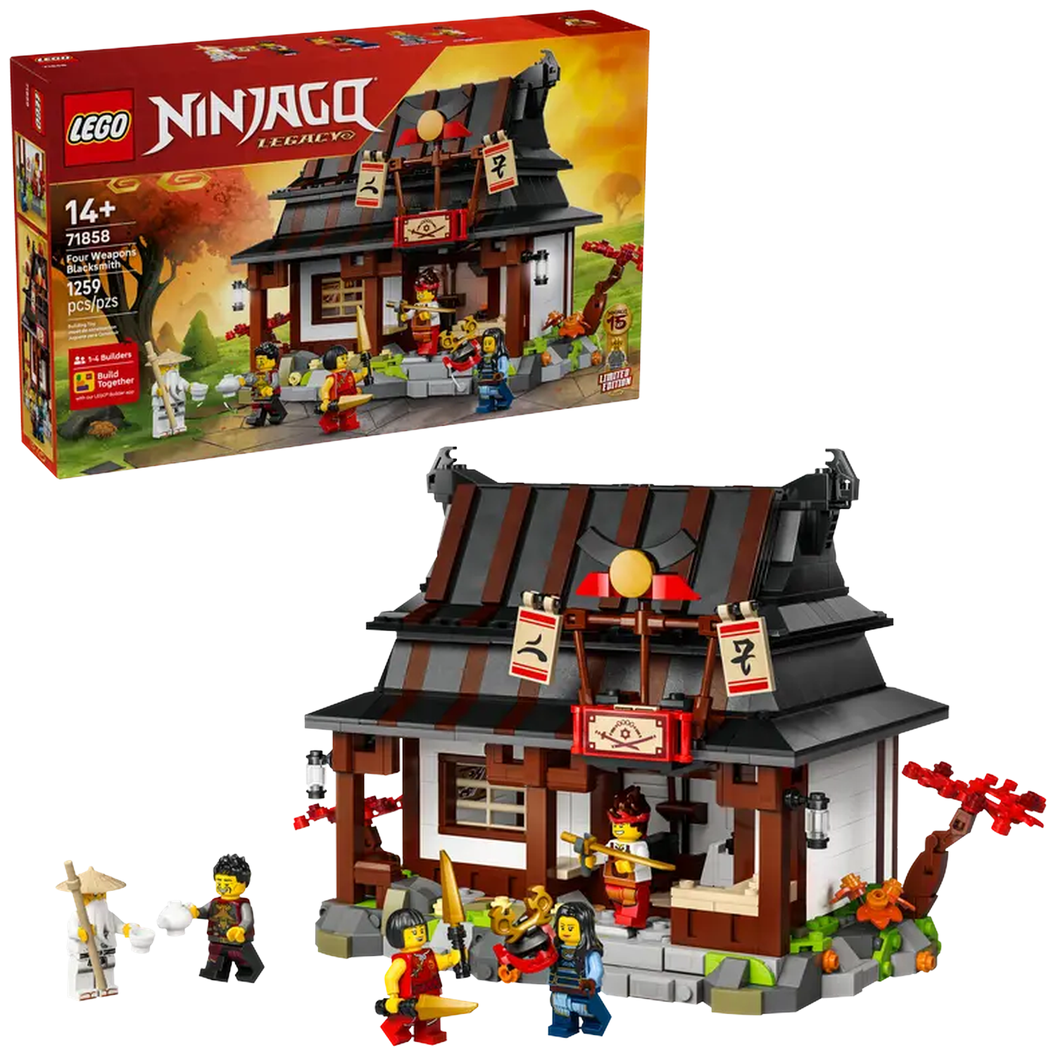 A Lego Ninjago set depicts a blacksmith shop, with multiple Lego figures. The box is in the top left. The set includes a building.
