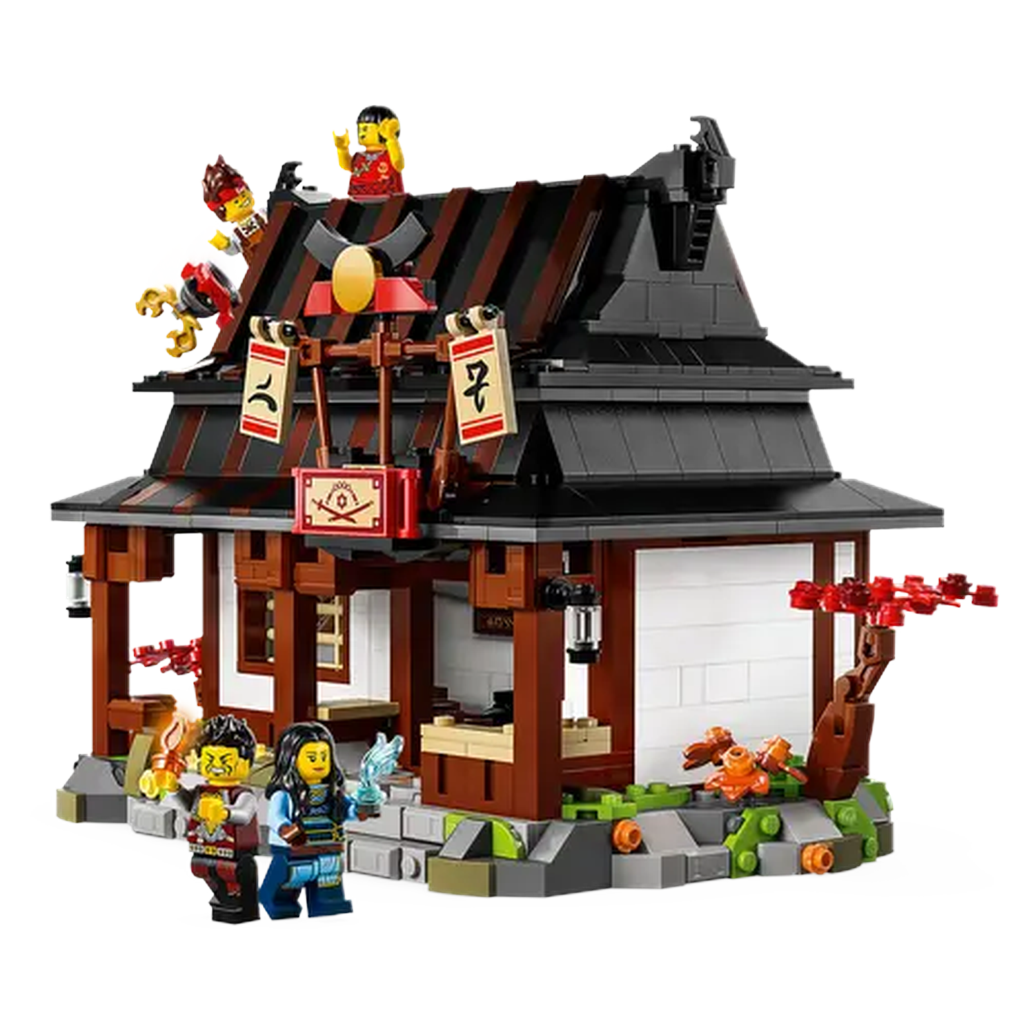A Lego temple with minifigures. The temple has a black roof and brown walls. Minifigures are on the roof and in front of the temple.