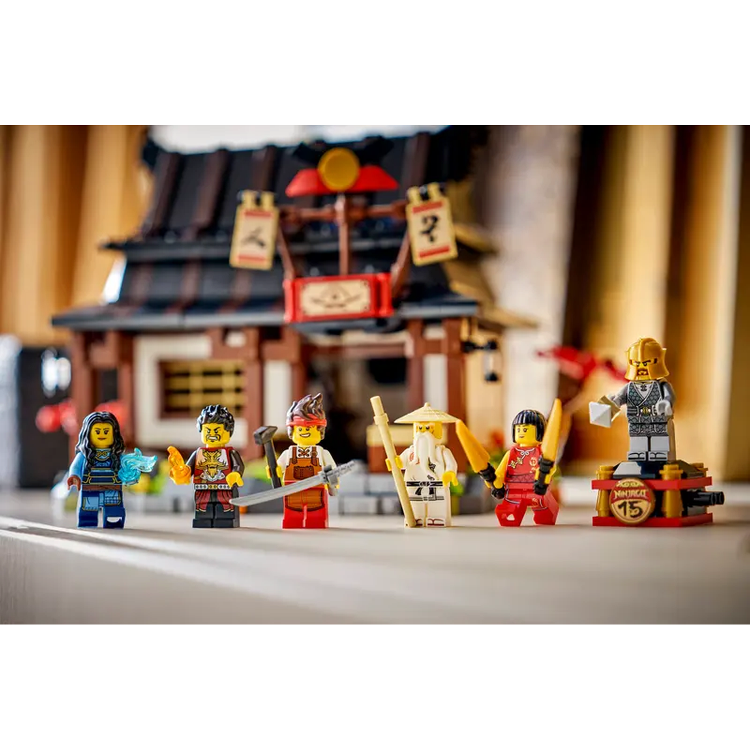 Six Lego Ninjago characters stand in front of a building. The characters are of various colors and hold weapons. The building has a dark roof.