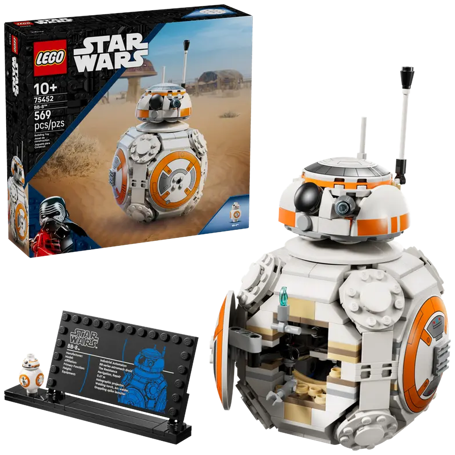 LEGO Star Wars BB-8 set. A white and orange BB-8 droid model is shown with its box and a display. The set includes details and specs.