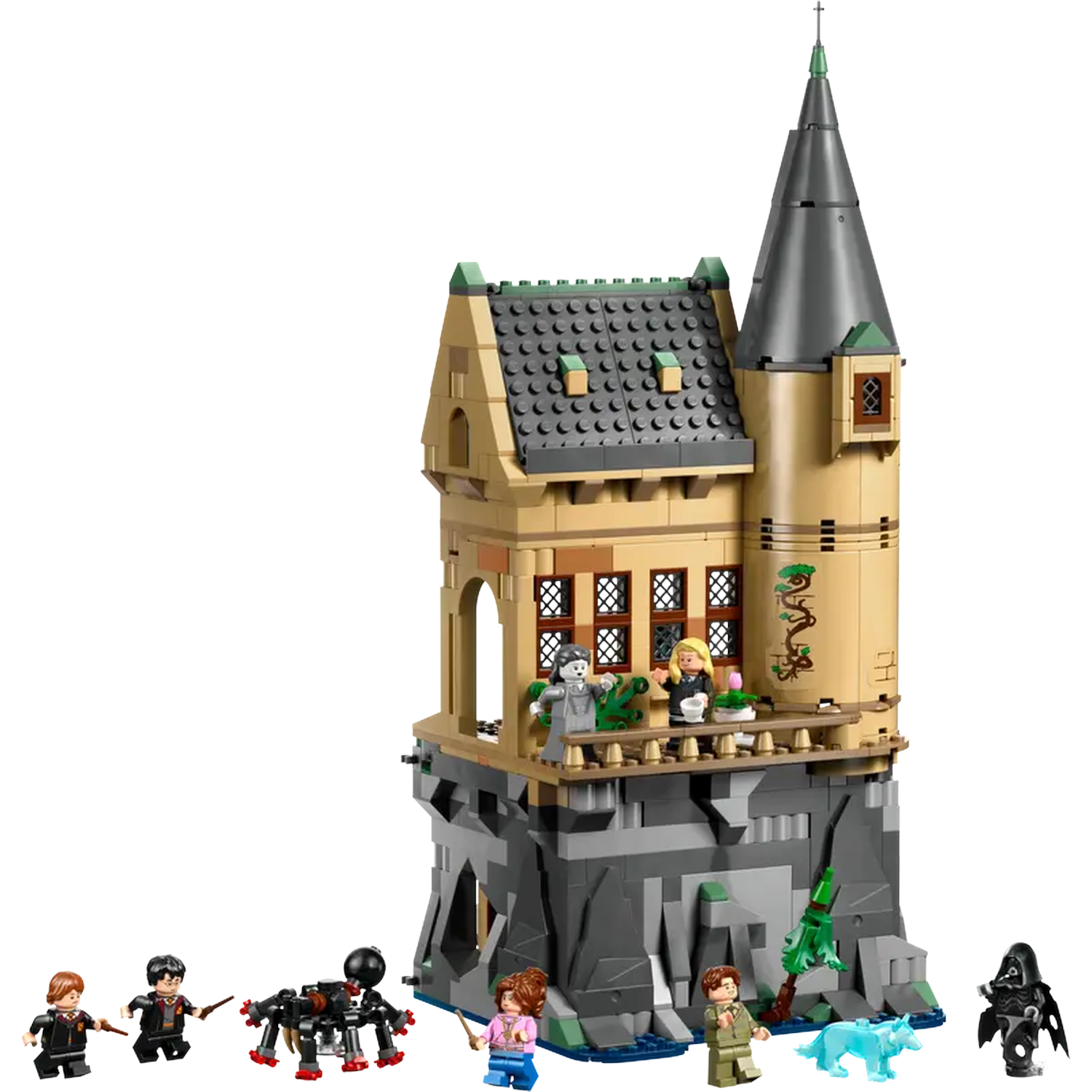 Lego-set van een kasteel met figuren van Harry Potter-personages en een spin, plus een blauwe wolf.