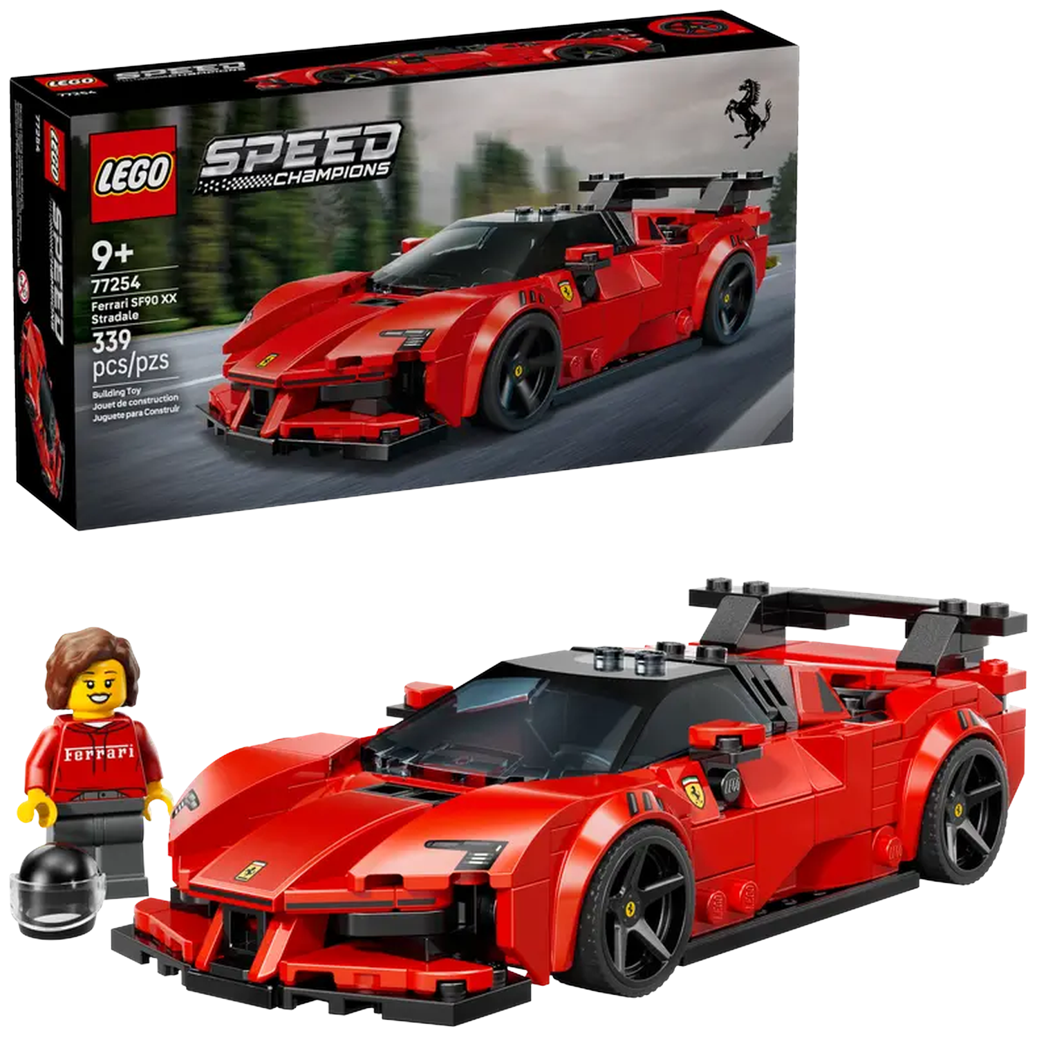 A Lego set of a red Ferrari SF90 XX Stradale, a Lego minifigure and a helmet on a white background. The box is in the top left.