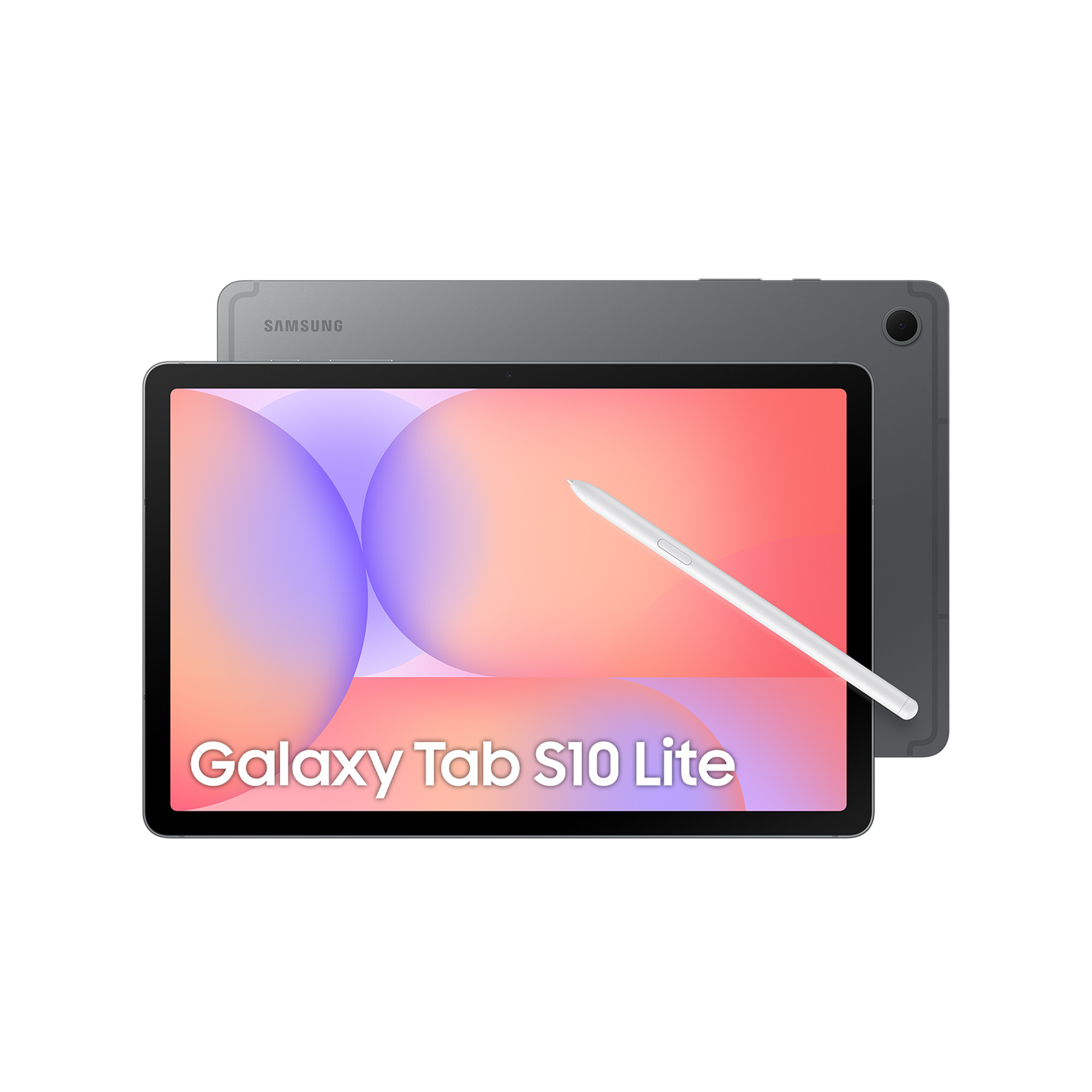 Tablet Samsung Galaxy Tab S10 Lite z rysikiem. Ekran wyświetla kolorowy gradient. Tablet jest szary.