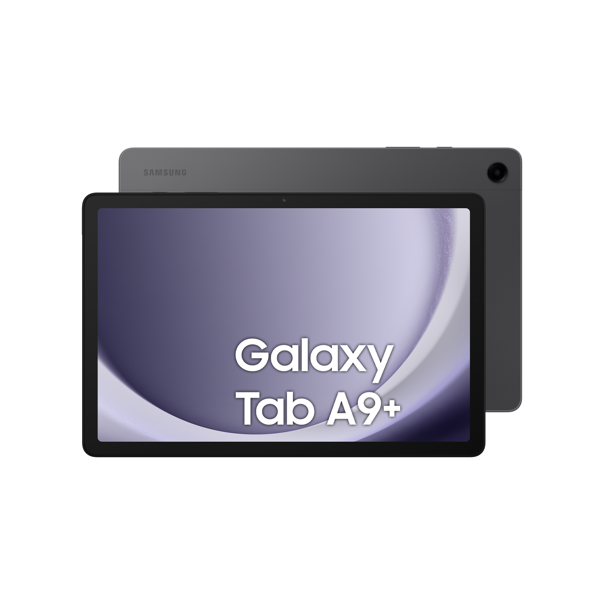 Obraz przedstawia dwa szare tablety. Przedni wyświetla 'Galaxy Tab A9+' na fioletowym tle. 'SAMSUNG' na tylnym tablecie.