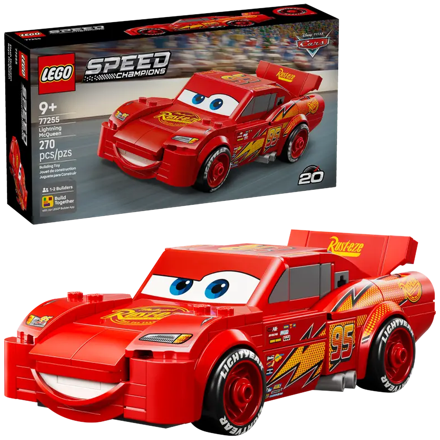 Un ensemble Lego Speed Champions Lightning McQueen. La voiture rouge a des yeux bleus, une bouche souriante et le numéro 95. Une boîte est en arrière-plan.