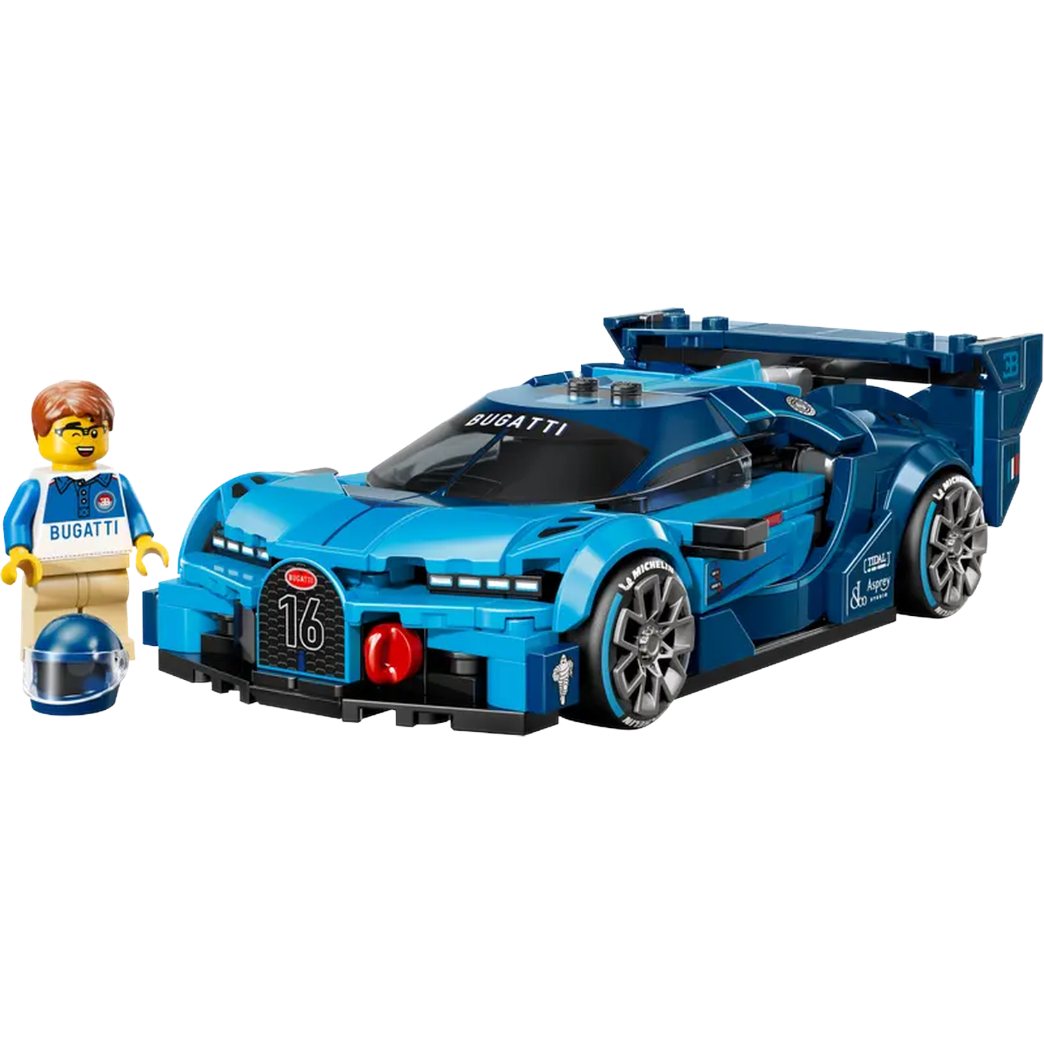 Een Lego Bugatti auto en een Lego figuur. De auto is blauw met nummer 16. De figuur draagt een Bugatti shirt en houdt een helm vast.