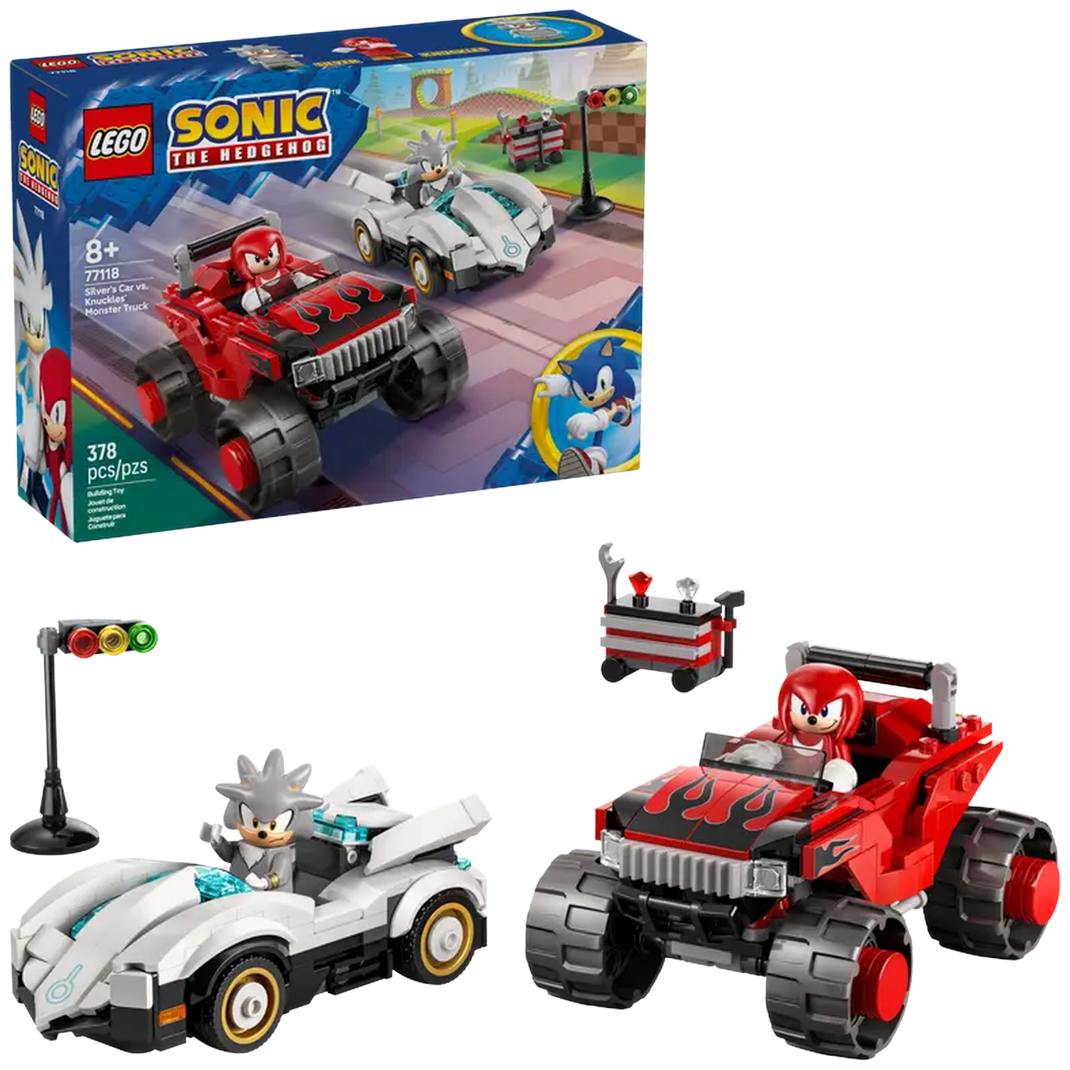 Lego Sonic set. Met Silver's auto en Knuckles' monstertruck. De doos laat beide auto's zien racen. Een stoplicht en gereedschap zijn ook aanwezig.