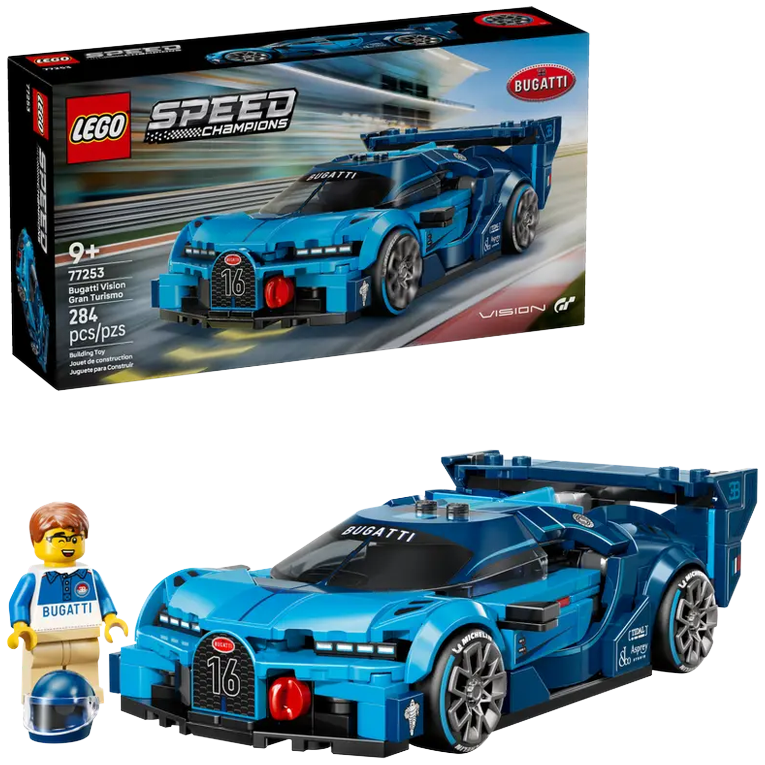 Een Lego Bugatti Vision Gran Turismo set. De doos staat boven, de geassembleerde auto en een Lego figuur onder.