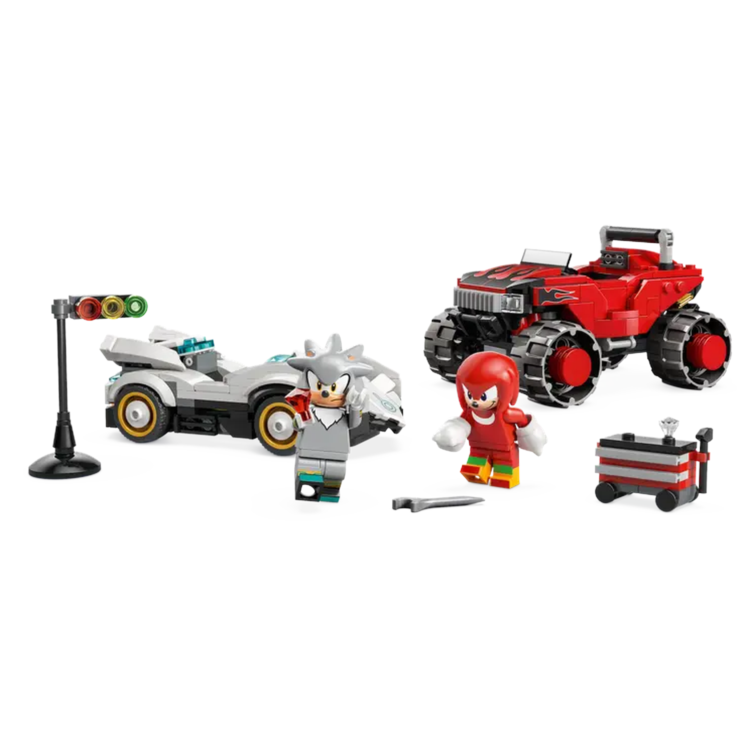 Lego set met Sonic-personages, auto's en accessoires. Inclusief Silver, Knuckles, een rode monstertruck, een zilveren auto en een verkeerslicht.