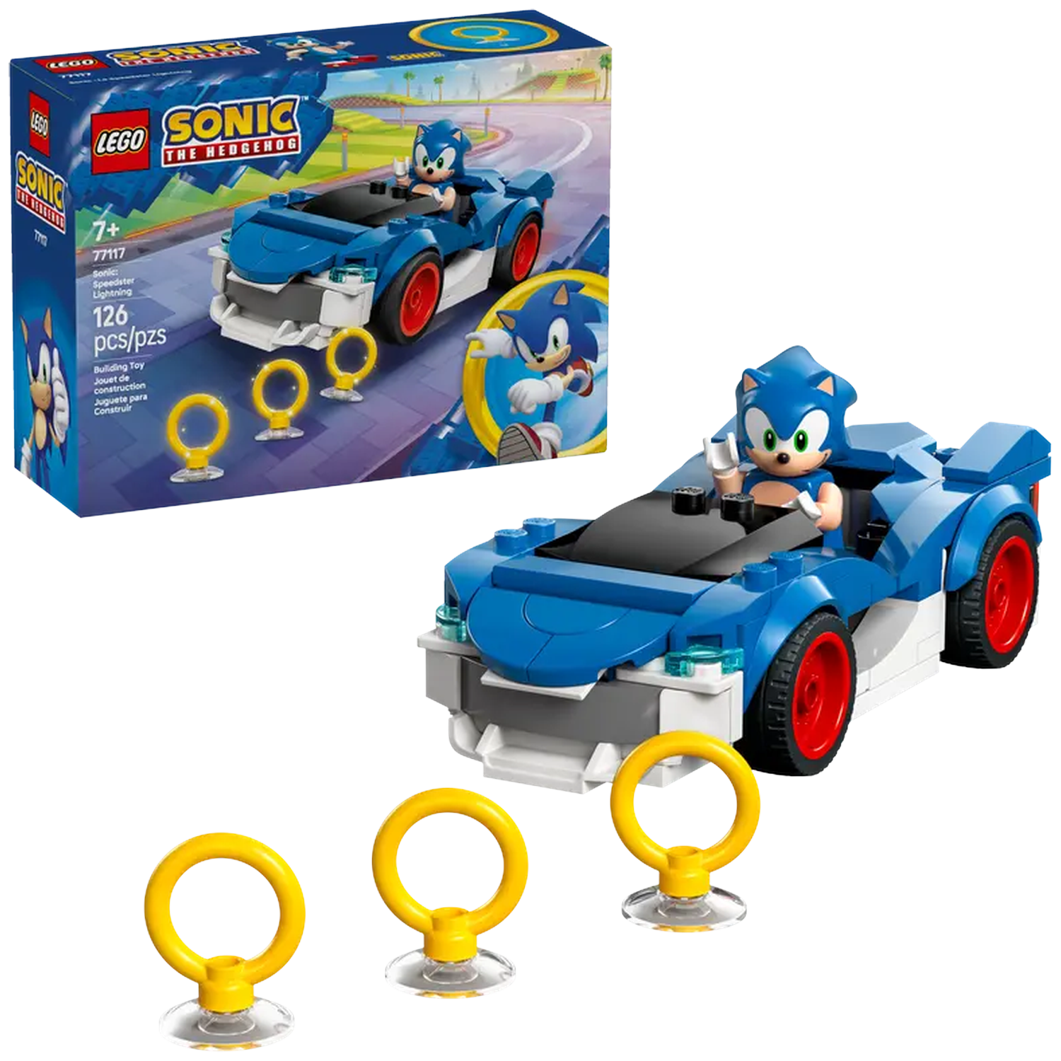 Een Lego-set van Sonic in een blauwe raceauto met rode wielen, naast gele ringen. De doos toont de auto tijdens het racen.
