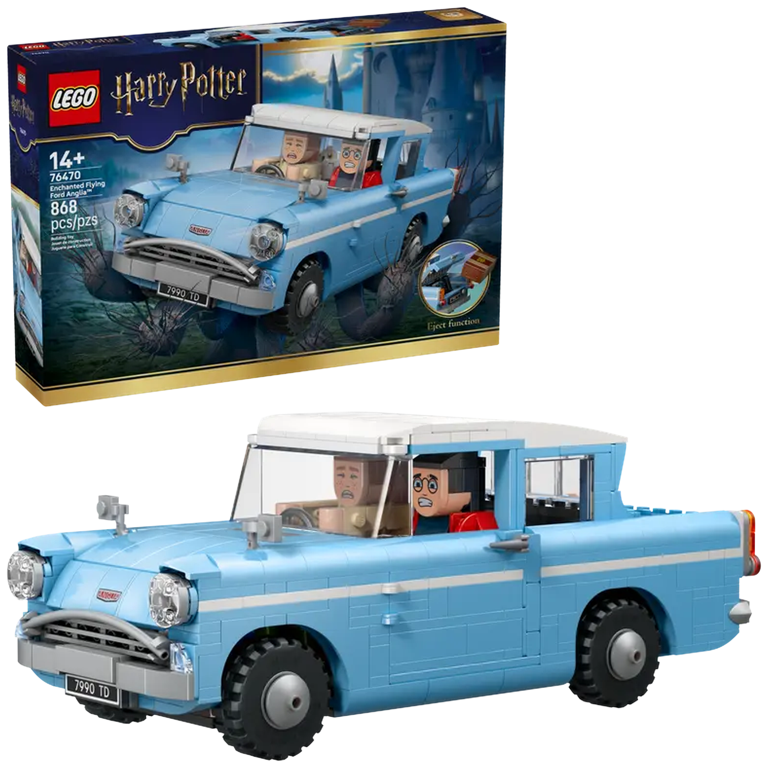 A Lego set of the Harry Potter Enchanted Flying Ford Anglia. It's light blue, with figures inside, and a box showing the set.
